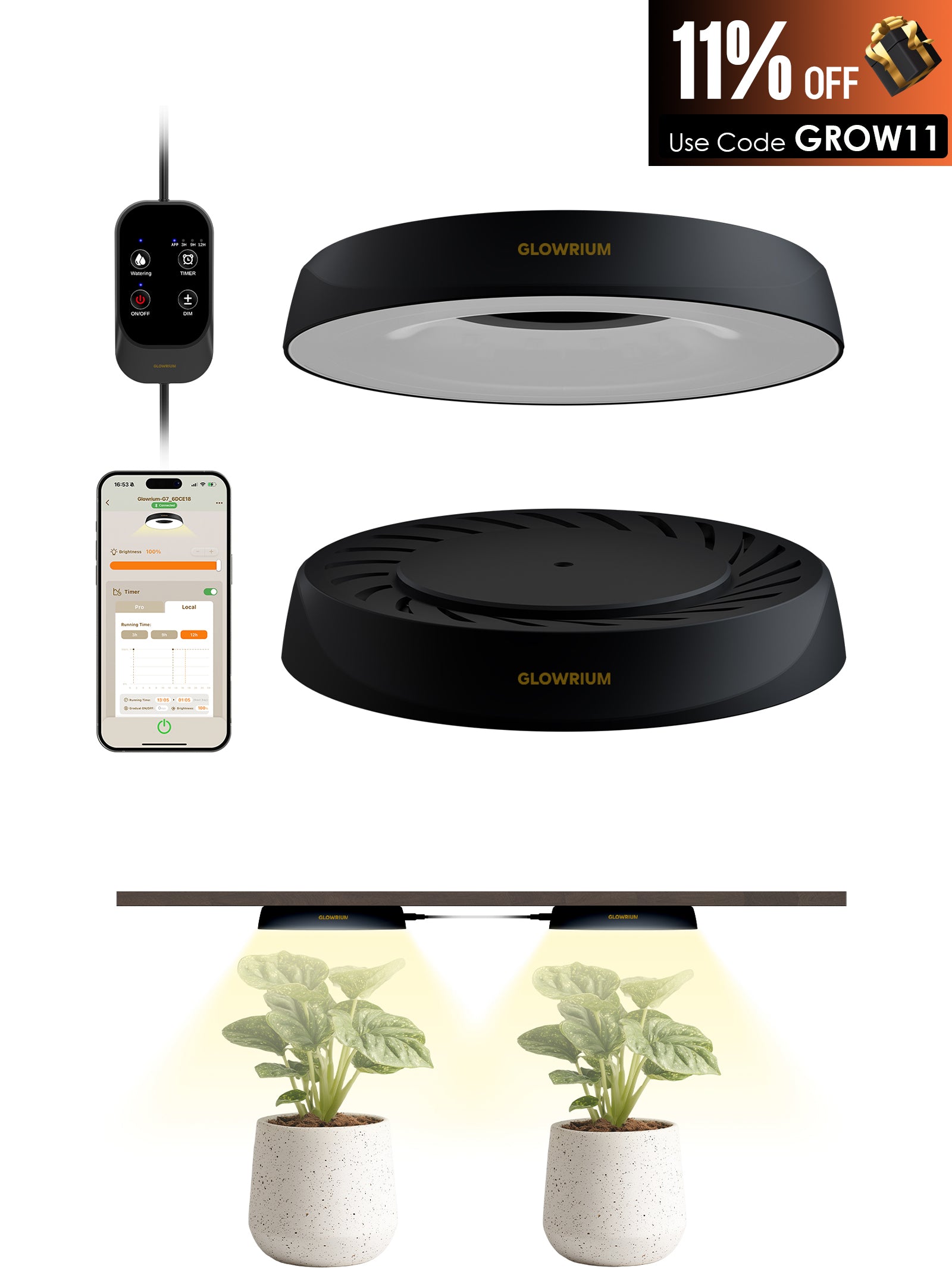 GLOWRIUM LED Grow Light for Indoor Plants – Smart Full Spectrum, Auto Timer, Stepless Dimming, Watering Reminder, Modular Design Plant Assistant