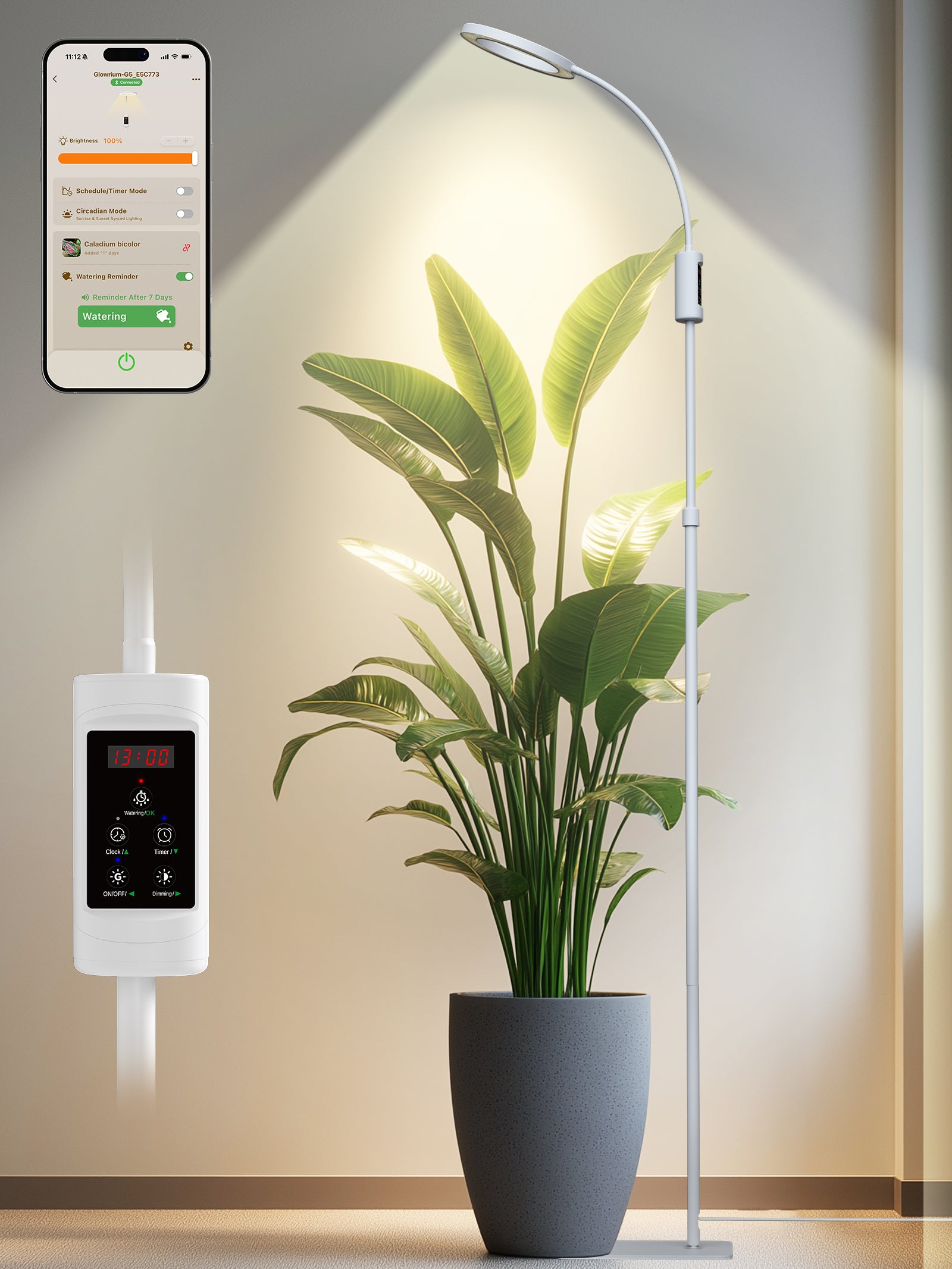 Smart Floor LED Grow Light 48W – Dual-Head Full Spectrum, Adjustable Height, Stepless Dimming, Auto-Timer for Most Indoor Plants-G5