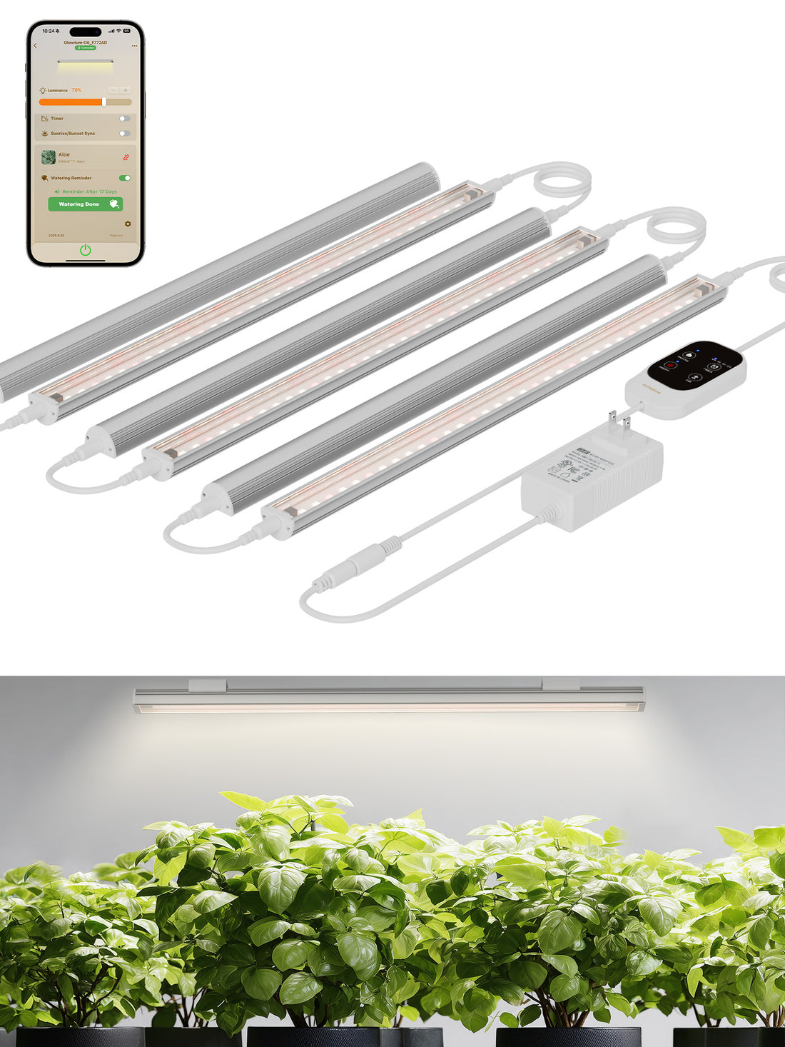GLOWRIUM Smart Grow Light Strips with App Control – 15" Full Spectrum LED Plant Lights, Auto Timer, 3 Dimming Levels, for Indoor Plants & Shelves