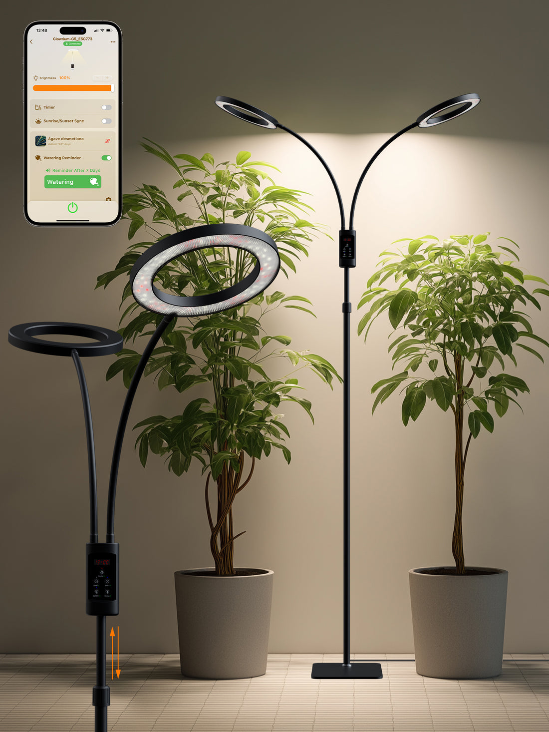Smart Floor LED Grow Light 48W G5 – Dual-Head Full Spectrum, Adjustable Height, Stepless Dimming, Auto-Timer for Most Indoor Plants