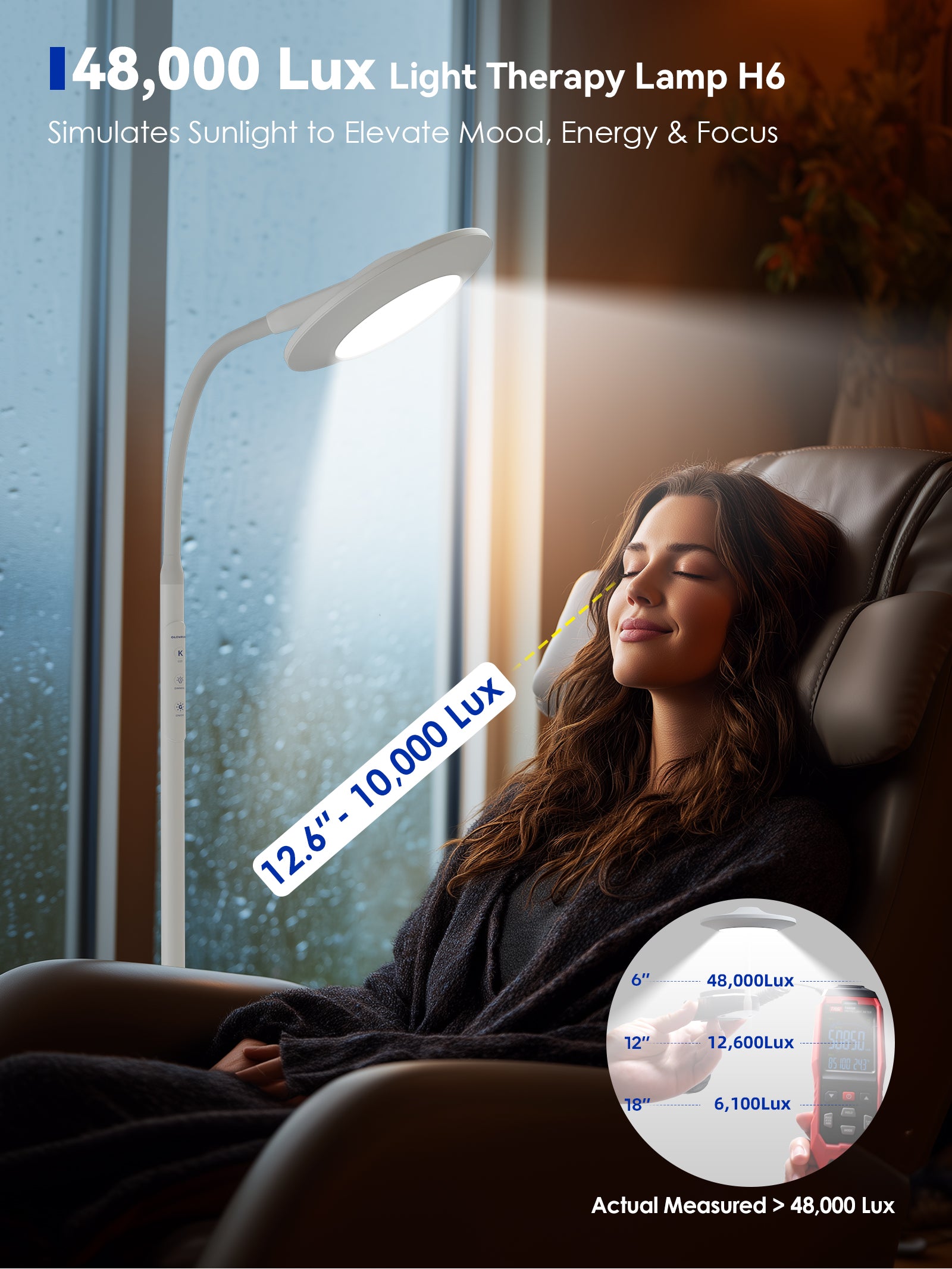 GLOWRIUM Light Therapy Floor Lamp H6 – 48,000 Lux UV-Free Full Spectrum Sunlight Lamp with Remote & Touch Control