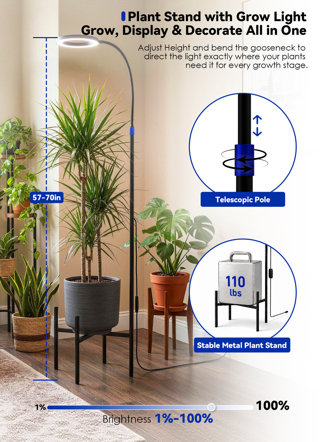 GLOWRIUM® G11 Plant Stand with Grow Light, 24W Full Spectrum Indoor Plant Light, Adjustable Height Metal Plant Shelf, Dimmable Floor Growing Lamp with App & Timer Control for Home Decor