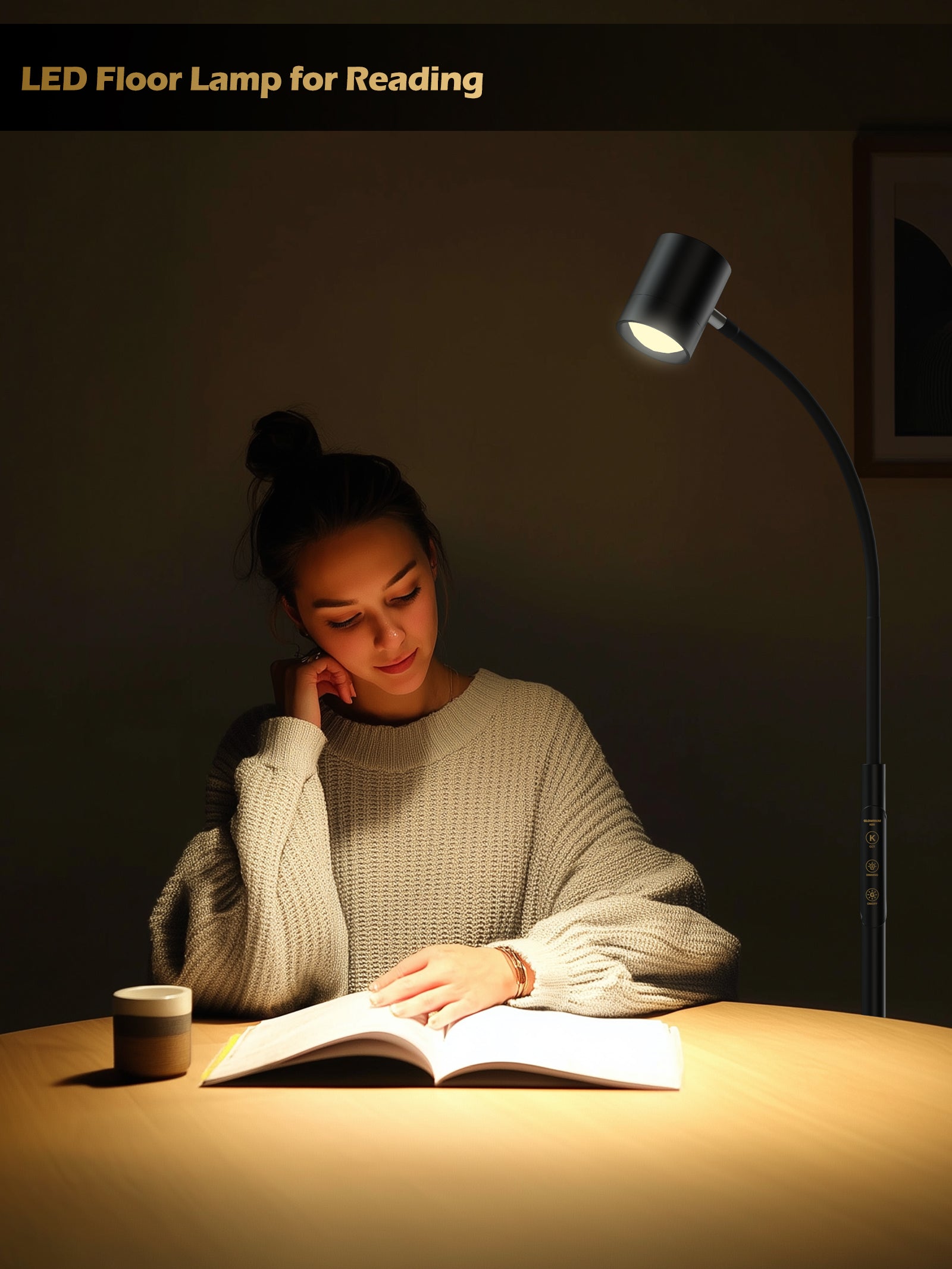 GLOWRIUM 12W LED Reading Floor Lamp H2B – 62" Tall, Dimmable Brightness & Color Temperature, Adjustable Gooseneck Touch Control, Suitable for Living Room, Bedroom, and Home Office