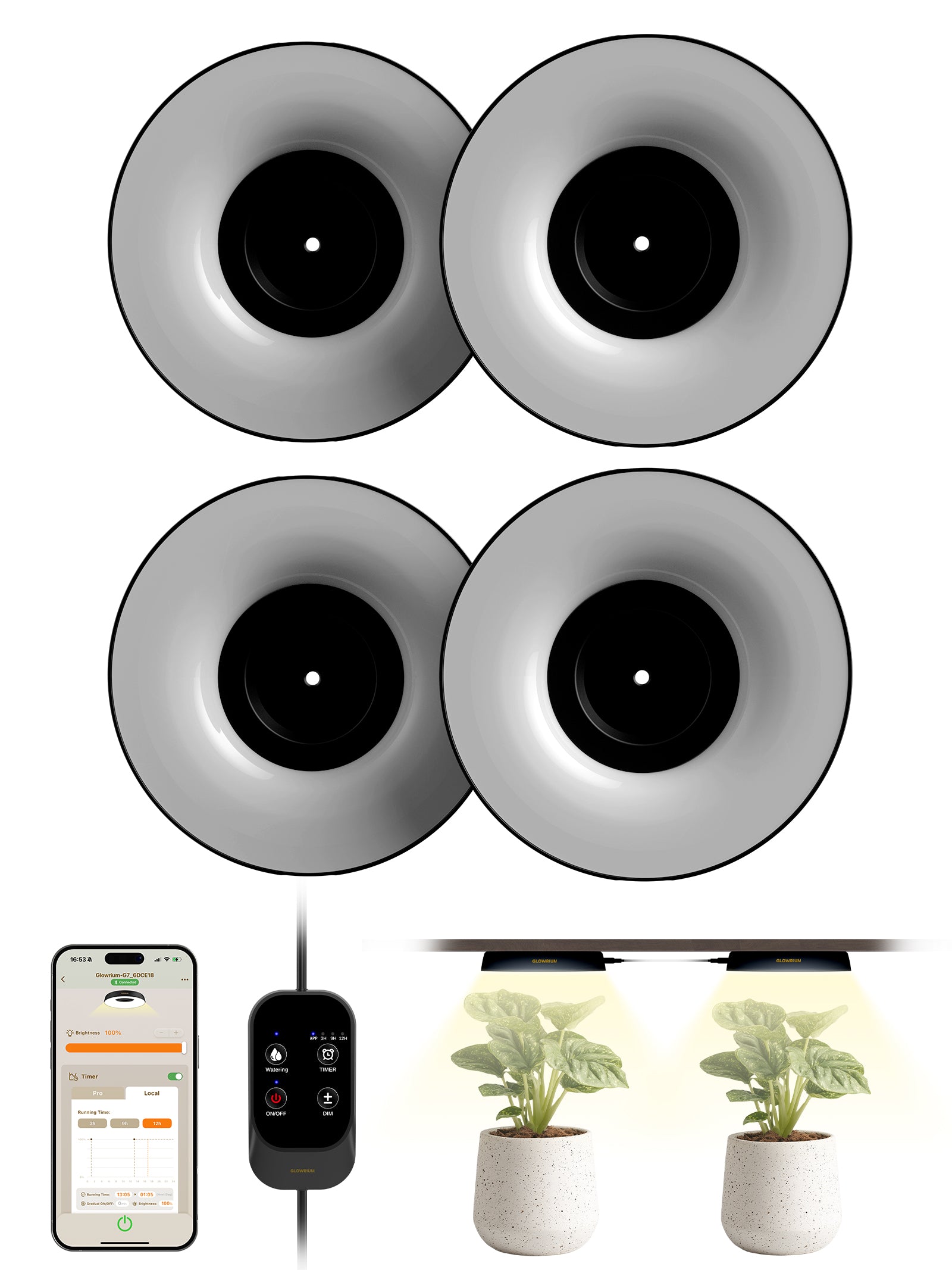 GLOWRIUM LED Grow Light for Indoor Plants – Smart Full Spectrum, Auto Timer, Stepless Dimming, Watering Reminder, Modular Design Plant Assistant