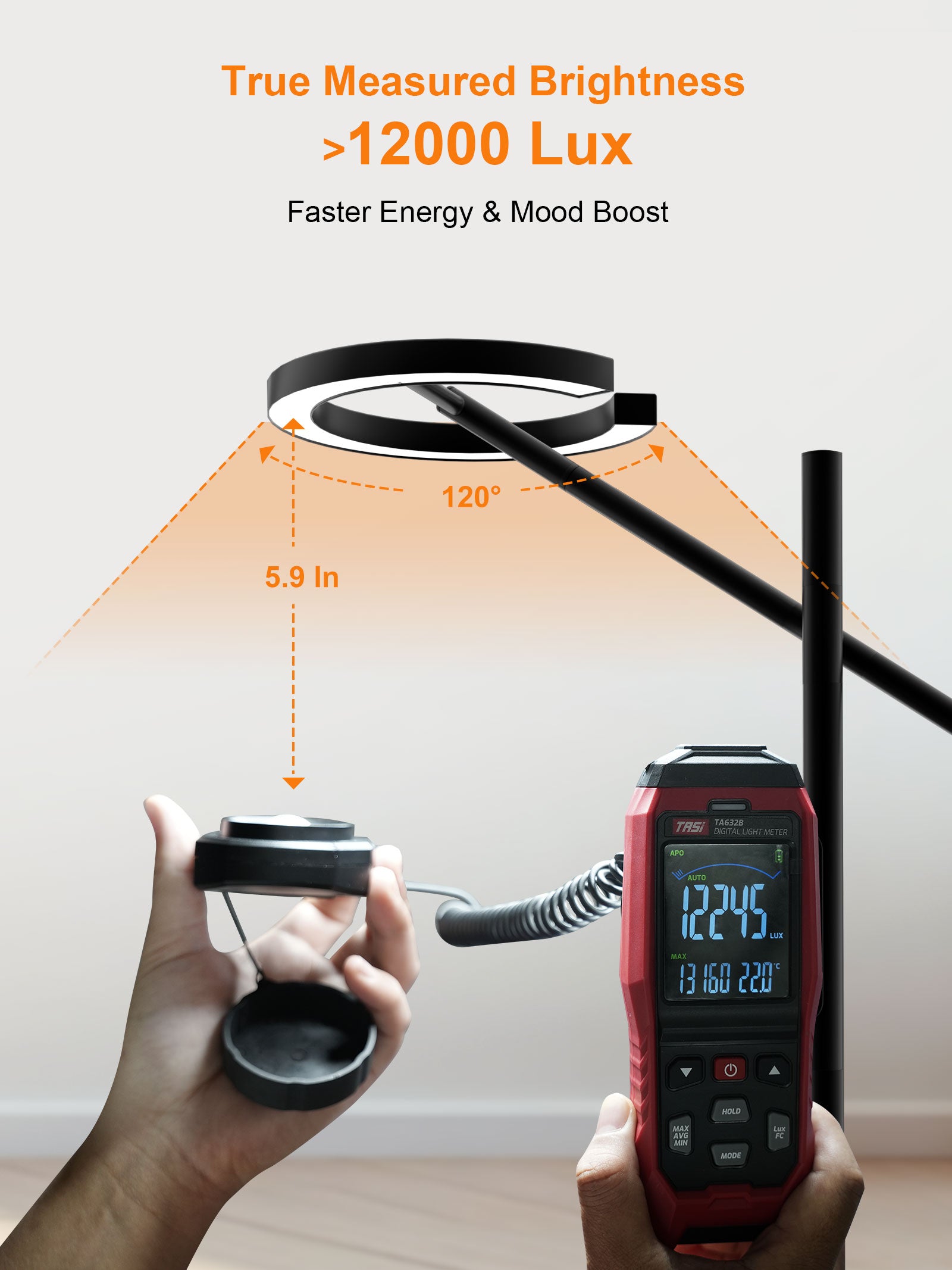 GLOWRIUM Happy Therapy Floor Lamp UV-Free, Stepless Dimming 12,000 Lux Brightness, Remote Control, Timer