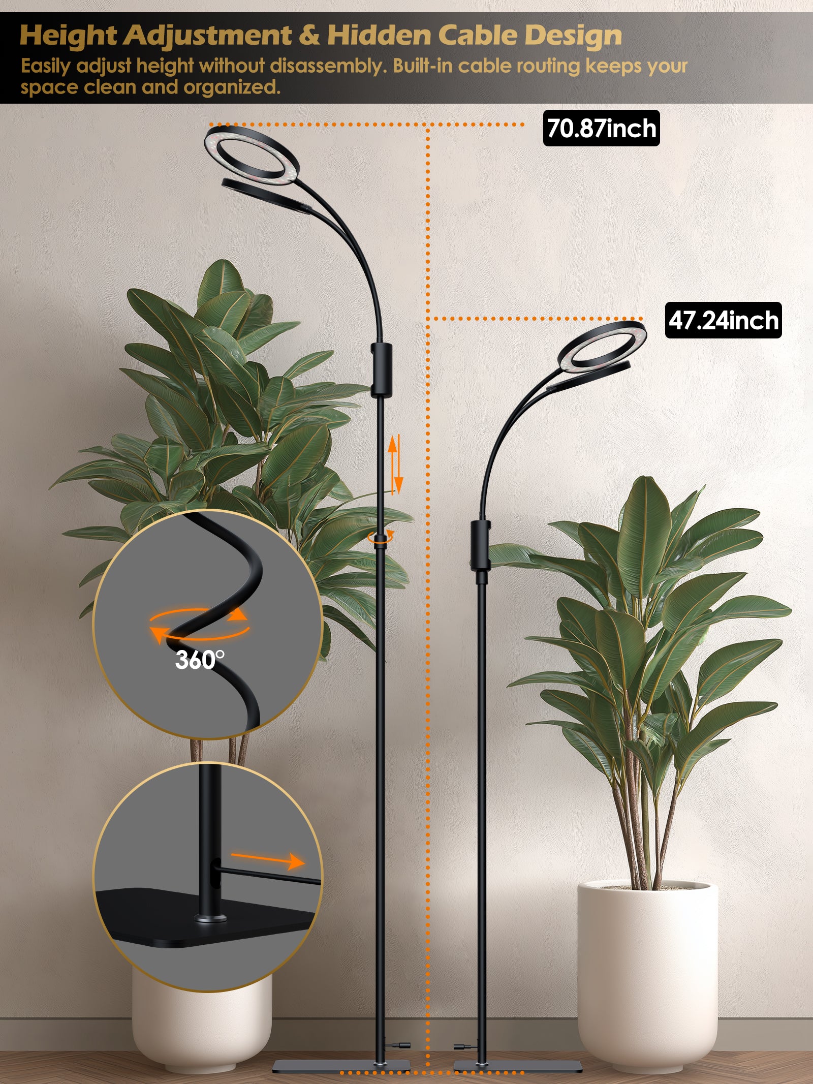 Smart Floor LED Grow Light 48W – Dual-Head Full Spectrum, Adjustable Height, Stepless Dimming, Auto-Timer for Most Indoor Plants-G5