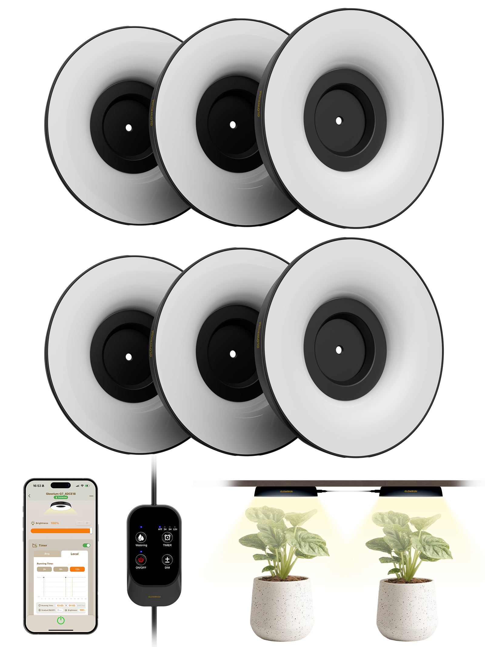 GLOWRIUM LED Grow Light for Indoor Plants – Smart Full Spectrum, Auto Timer, Stepless Dimming, Watering Reminder, Modular Design Plant Assistant