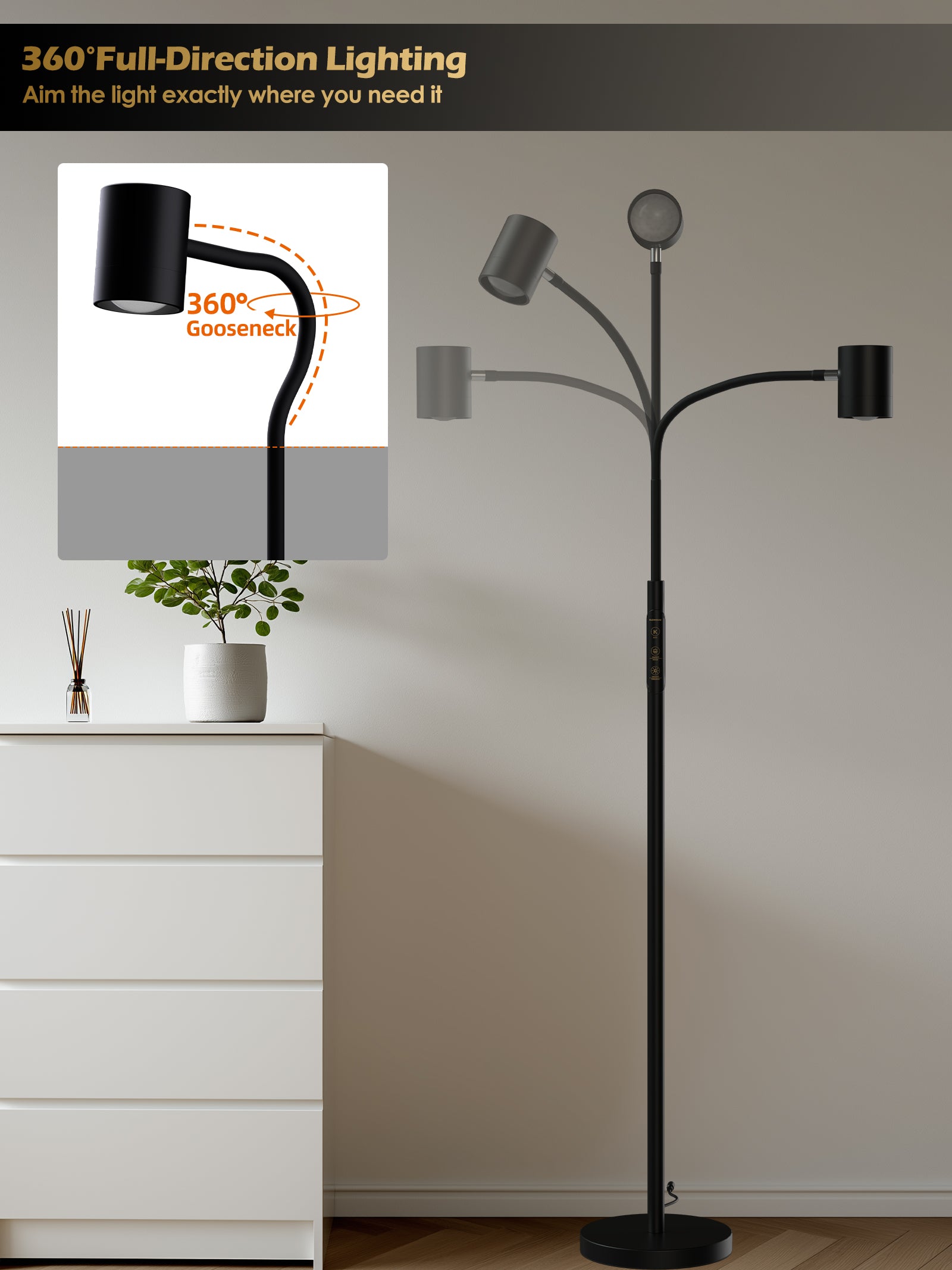GLOWRIUM 12W LED Reading Floor Lamp H2B – 62" Tall, Dimmable Brightness & Color Temperature, Adjustable Gooseneck Touch Control, Suitable for Living Room, Bedroom, and Home Office