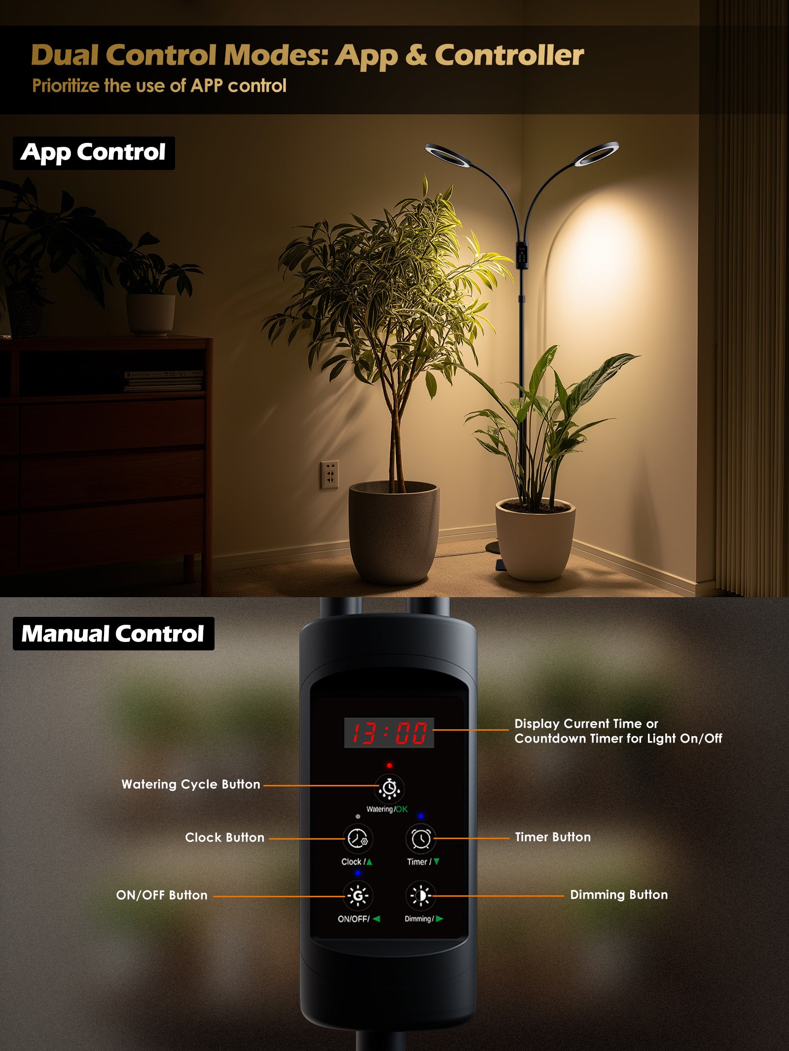 Smart Floor LED Grow Light 48W – Dual-Head Full Spectrum, Adjustable Height, Stepless Dimming, Auto-Timer for Most Indoor Plants-G5