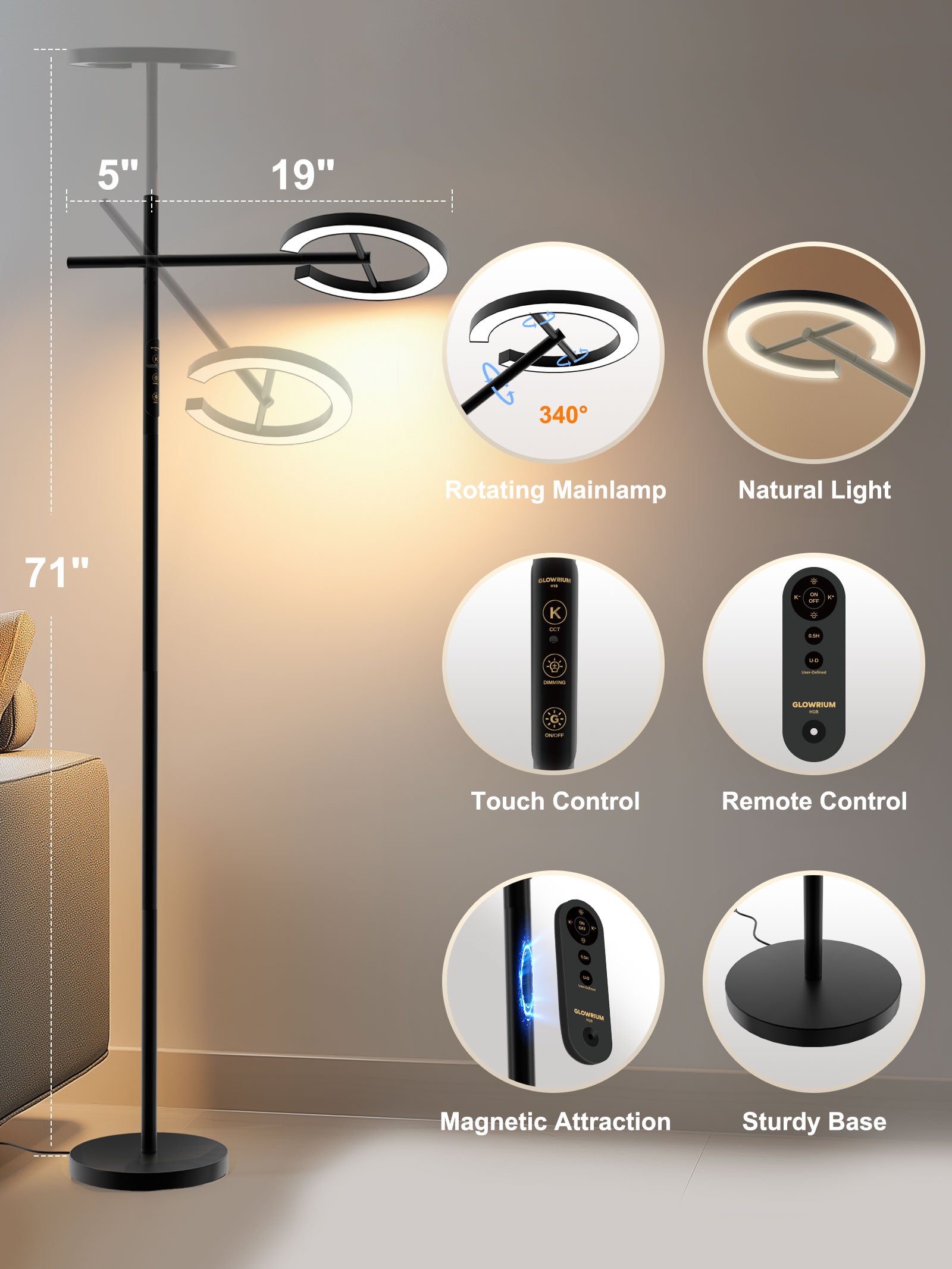 GLOWRIUM Happy Therapy Floor Lamp UV-Free, Stepless Dimming 12,000 Lux Brightness, Remote Control, Timer