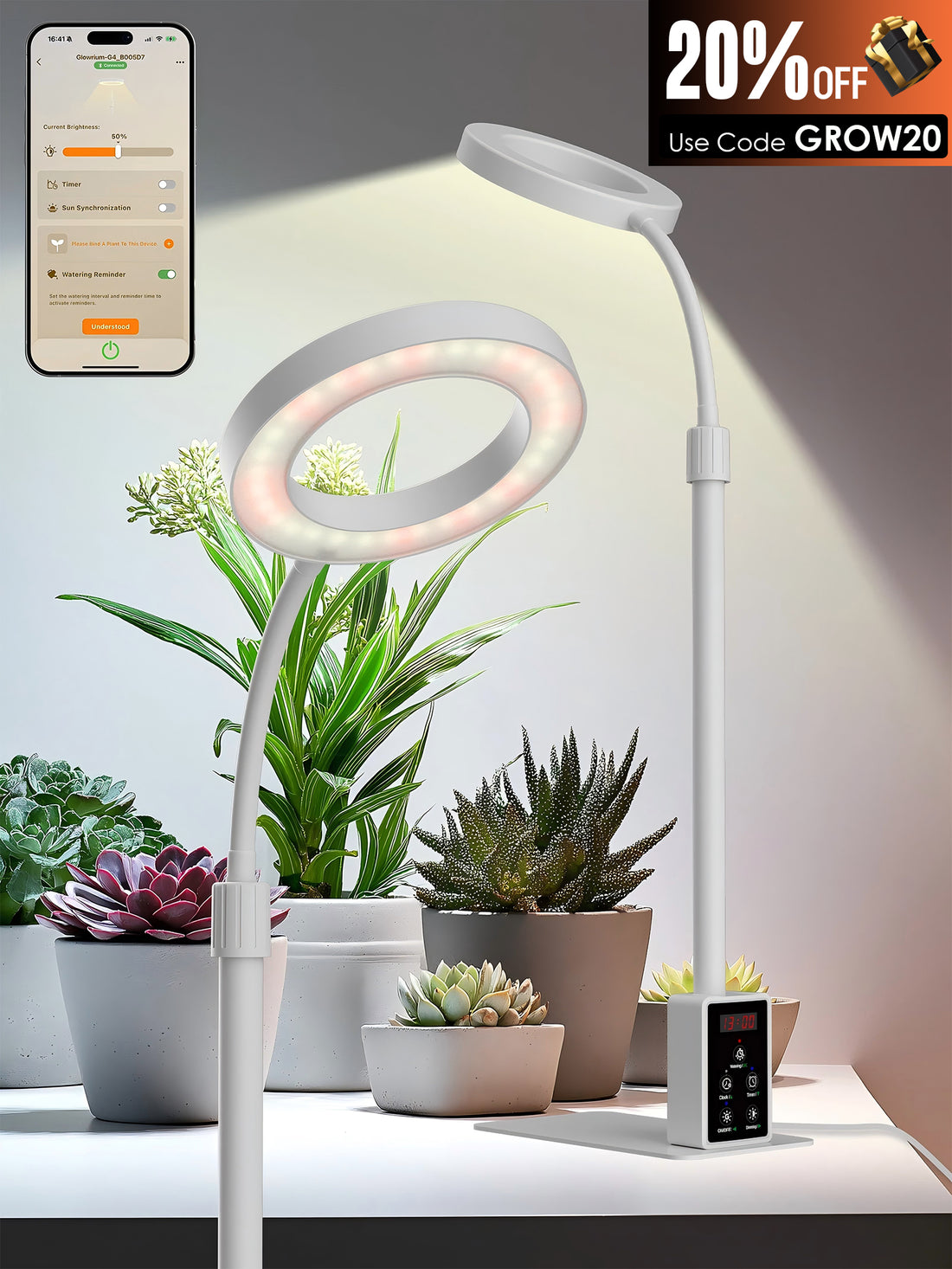 Glowrium Smart Grow Light – 12W Full-Spectrum Indoor Plant Lamp with App Control, Adjustable Height, Plant Care Assistant & Dual Timer