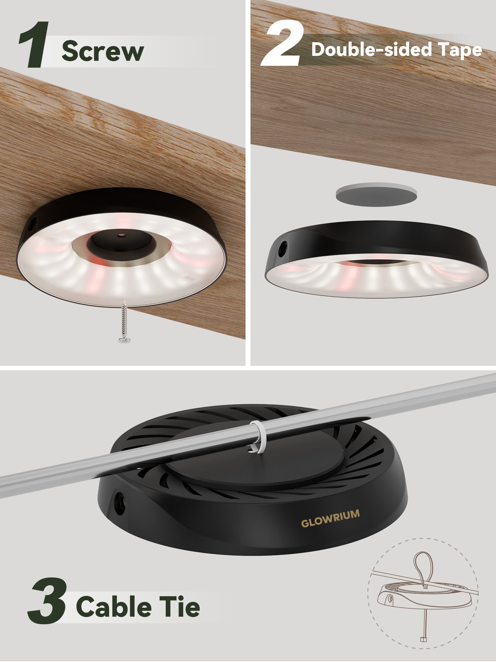 Glowrium G7 smart puck grow light installation guide illustrating three mounting options including screw hardware, double-sided adhesive tape, and plastic cable ties
