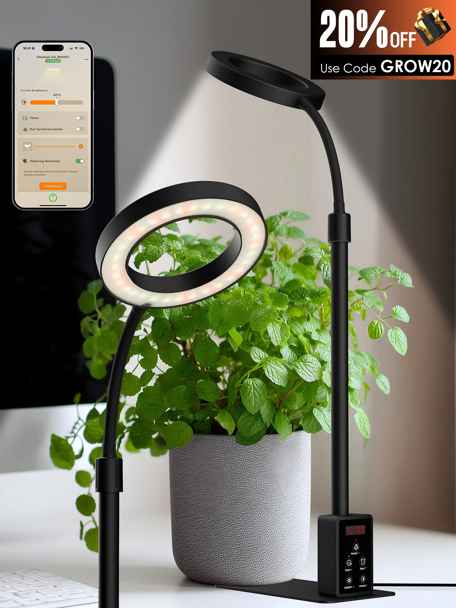 Glowrium 8W Smart Grow Light – Full-Spectrum LED for Indoor Plants with App Control, Custom Timer, Adjustable Height & Smart Plant Assistant