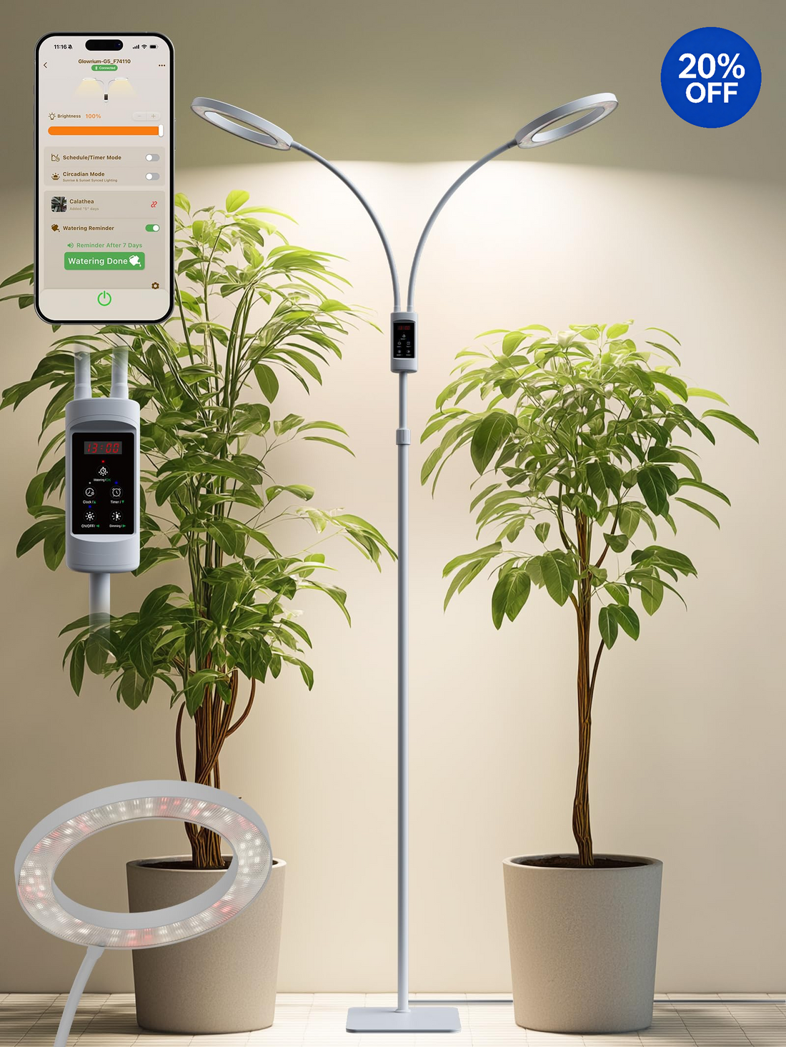 GLOWRIUM® G5 48W Smart Grow Light for Large Indoor Plants - Dual Head Full Spectrum, Adjustable Height, Stepless Dimming, Auto-Timer