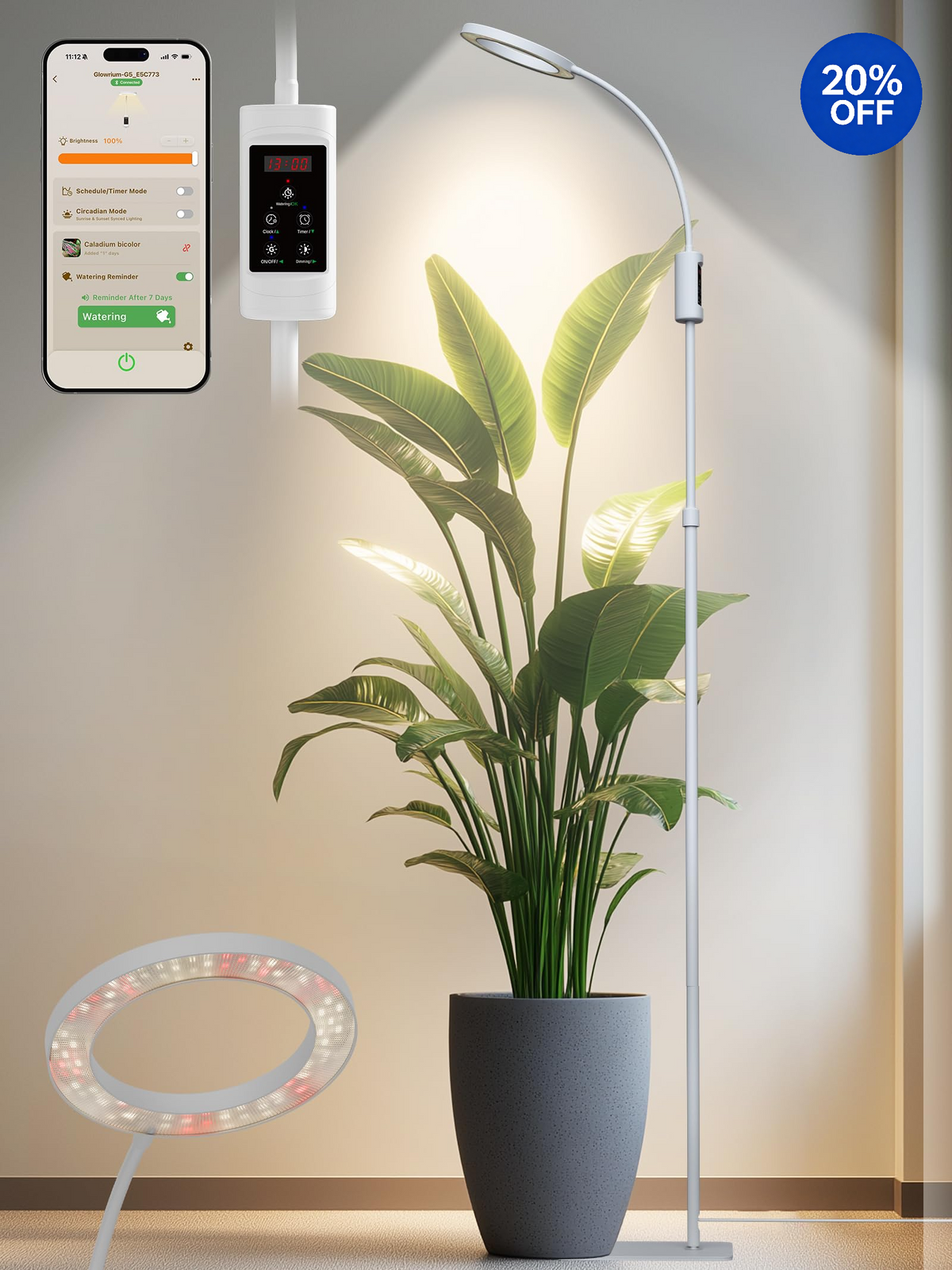 GLOWRIUM® G5 48W Smart Grow Light für große Zimmerpflanzen – Zwei Köpfe, volles Spektrum, höhenverstellbar, stufenloses Dimmen, Auto-Timer