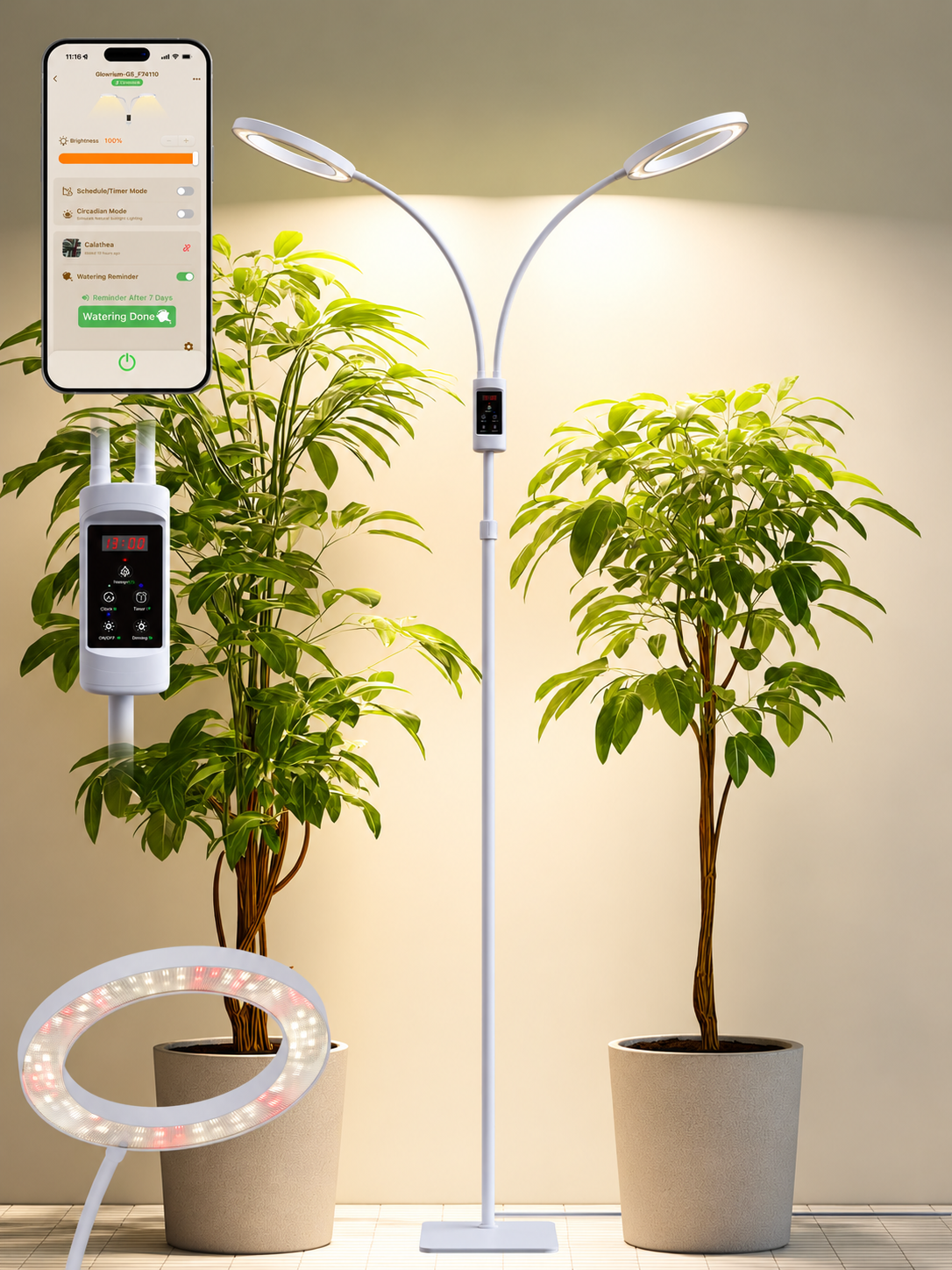 GLOWRIUM® G5 48W Smart Grow Light für große Zimmerpflanzen – Zwei Köpfe, volles Spektrum, höhenverstellbar, stufenloses Dimmen, Auto-Timer