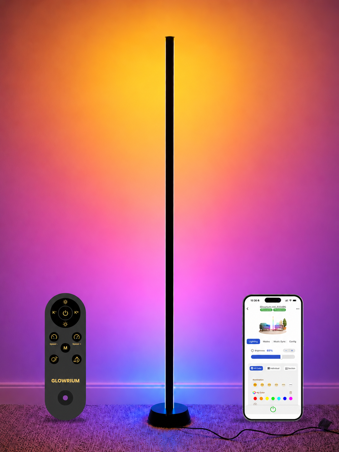 GLOWRIUM® H4 Smart LED Corner Floor Lamp – RGB+IC Color Effects, Alexa & App Control, Dimmable Ambient Lighting for Gaming Rooms & Living Spaces