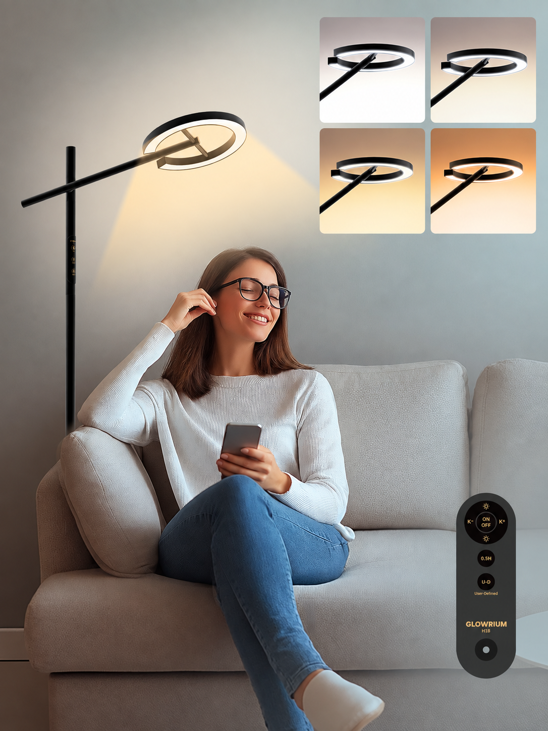 GLOWRIUM® H1B Happy Therapy Stehleuchte - UV-frei, stufenloses Dimmen, 12.000 Lux Helligkeit, Fernbedienung, Timer