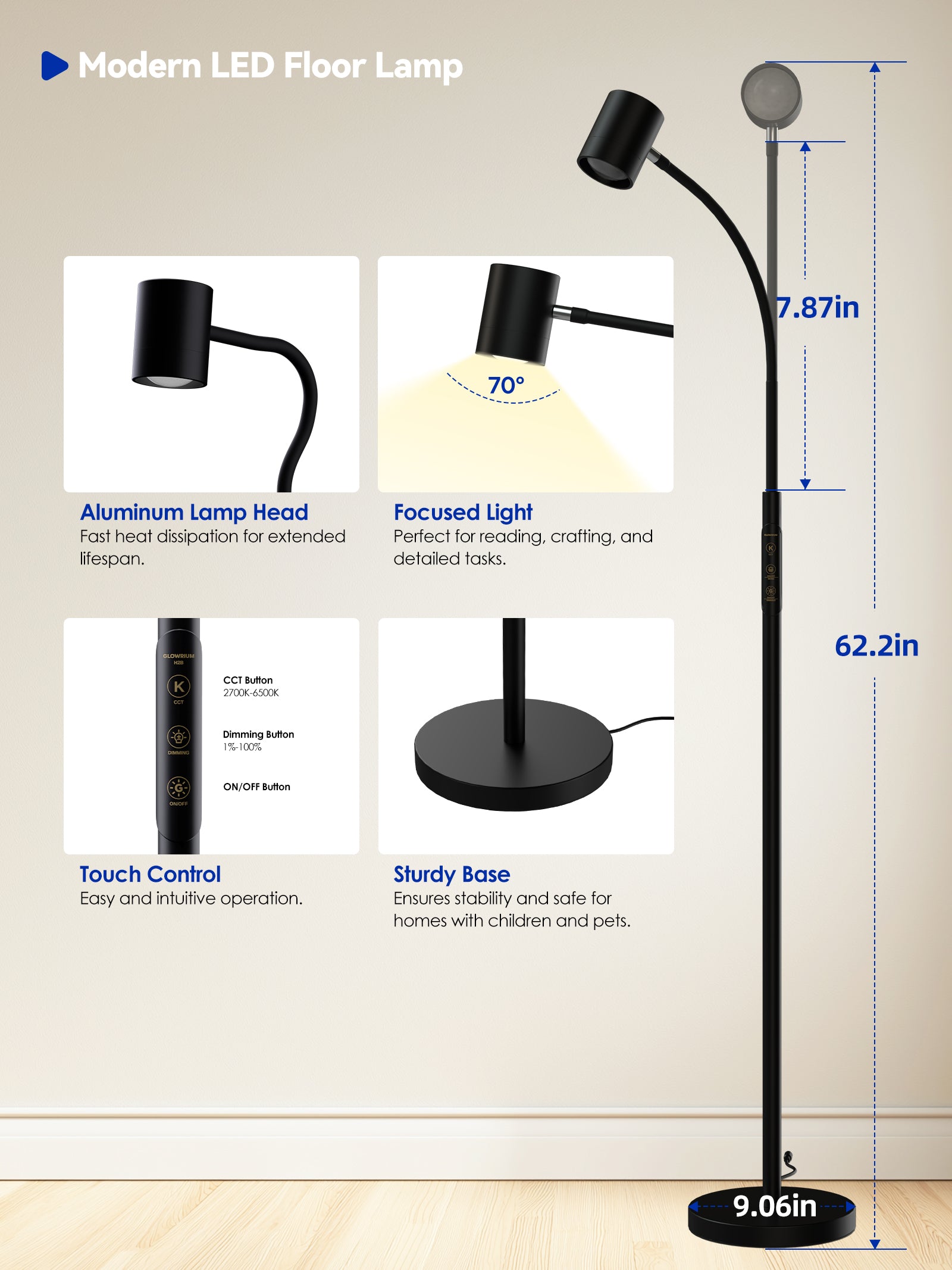 GLOWRIUM 12W LED Reading Floor Lamp H2B – 62" Tall, Dimmable Brightness & Color Temperature, Adjustable Gooseneck Touch Control, Suitable for Living Room, Bedroom, and Home Office