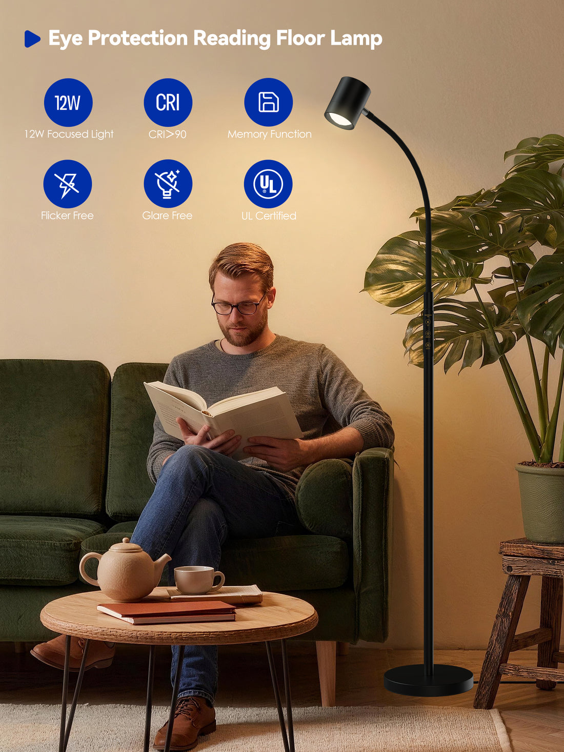 GLOWRIUM 12W LED Reading Floor Lamp H2B – 62" Tall, Dimmable Brightness & Color Temperature, Adjustable Gooseneck Touch Control, Suitable for Living Room, Bedroom, and Home Office