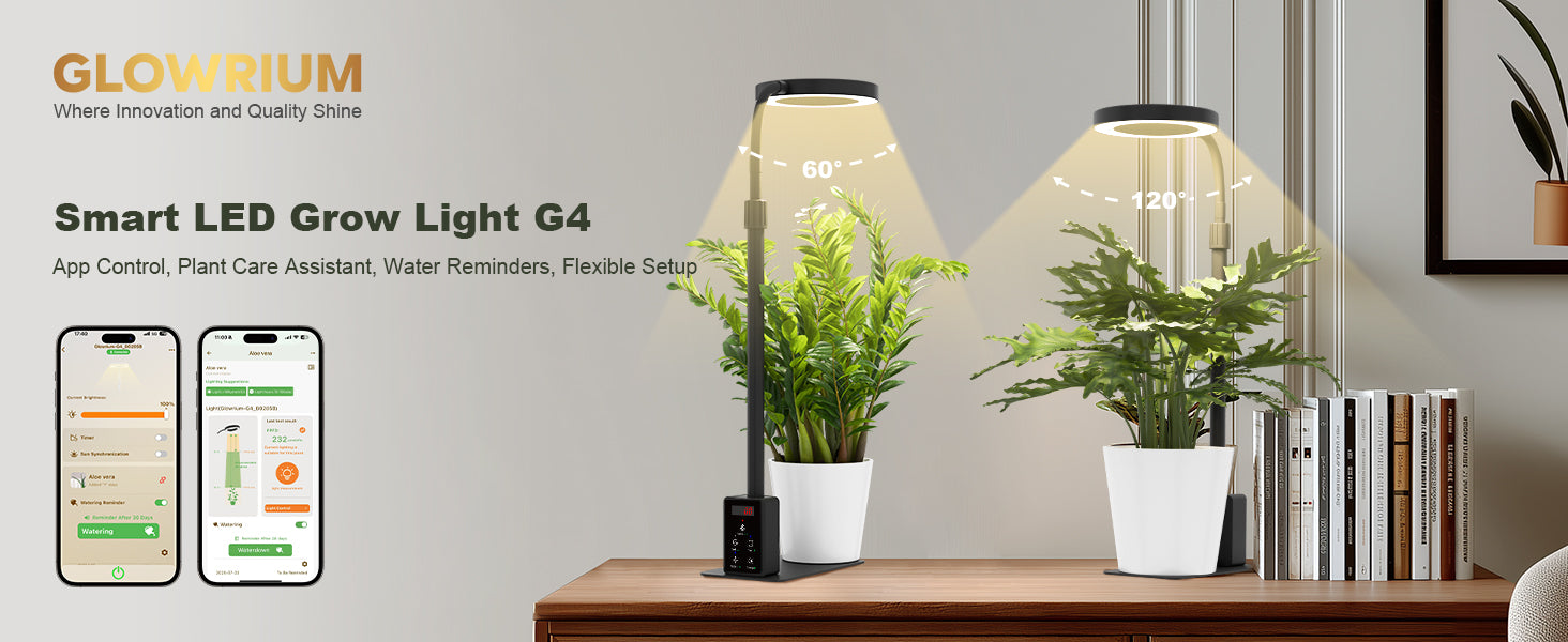 Glowrium G4 smart LED grow light on tabletop with app control