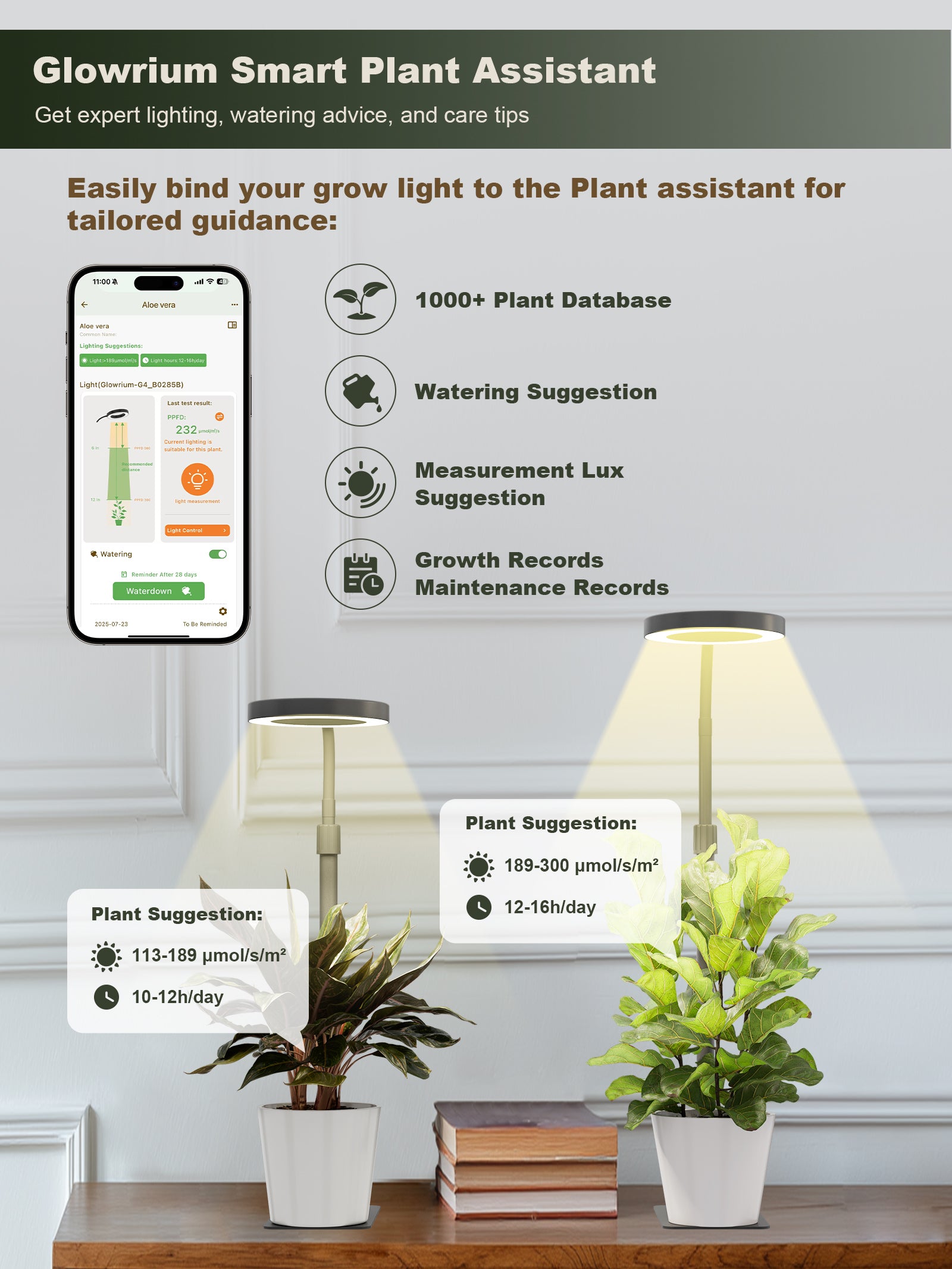 Glowrium G4 smart plant assistant app showing watering and custom lighting suggestions