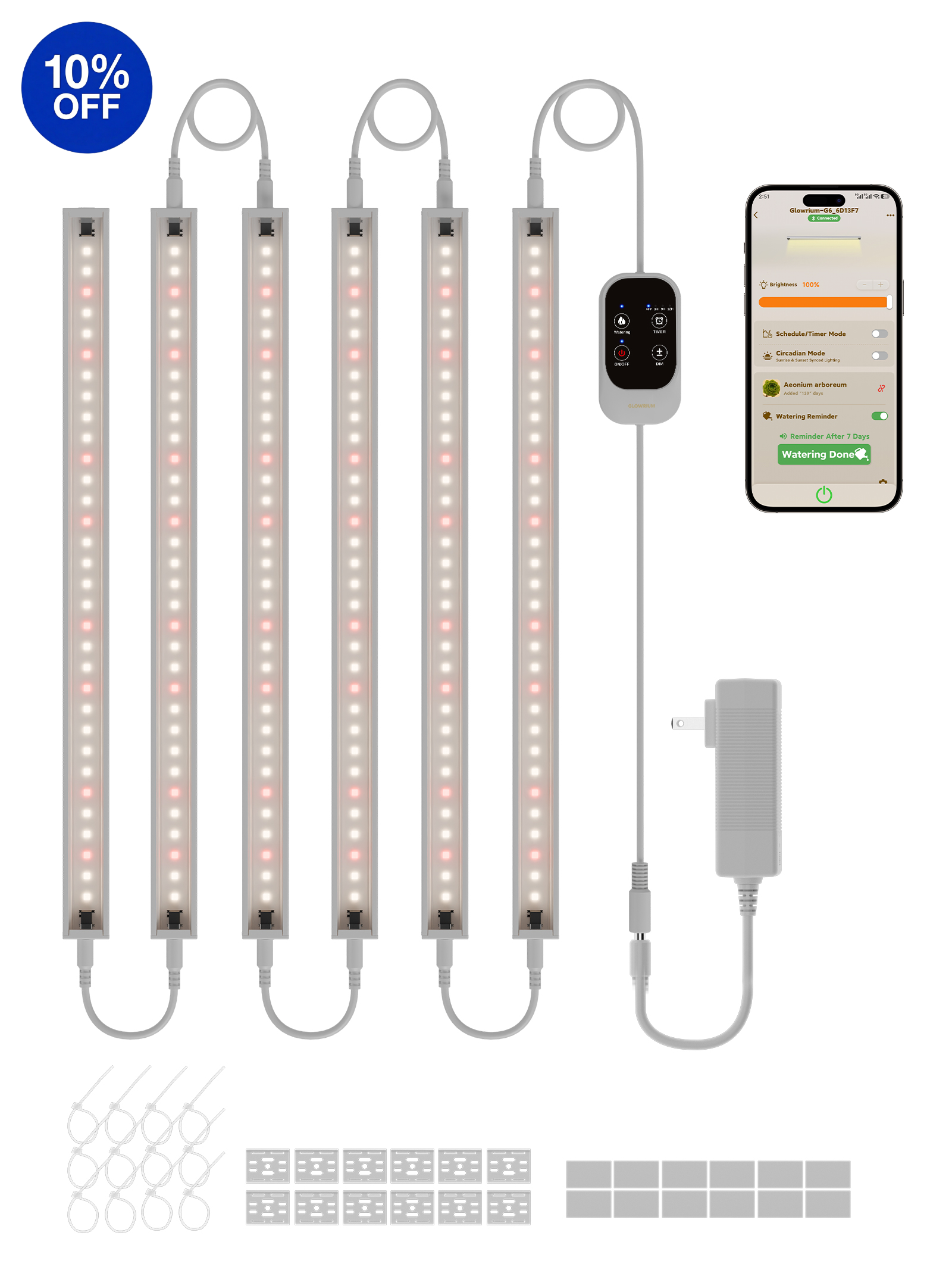 GLOWRIUM G6 48W Smart Full Spectrum LED Grow Light Strip kit with power adapter and app control