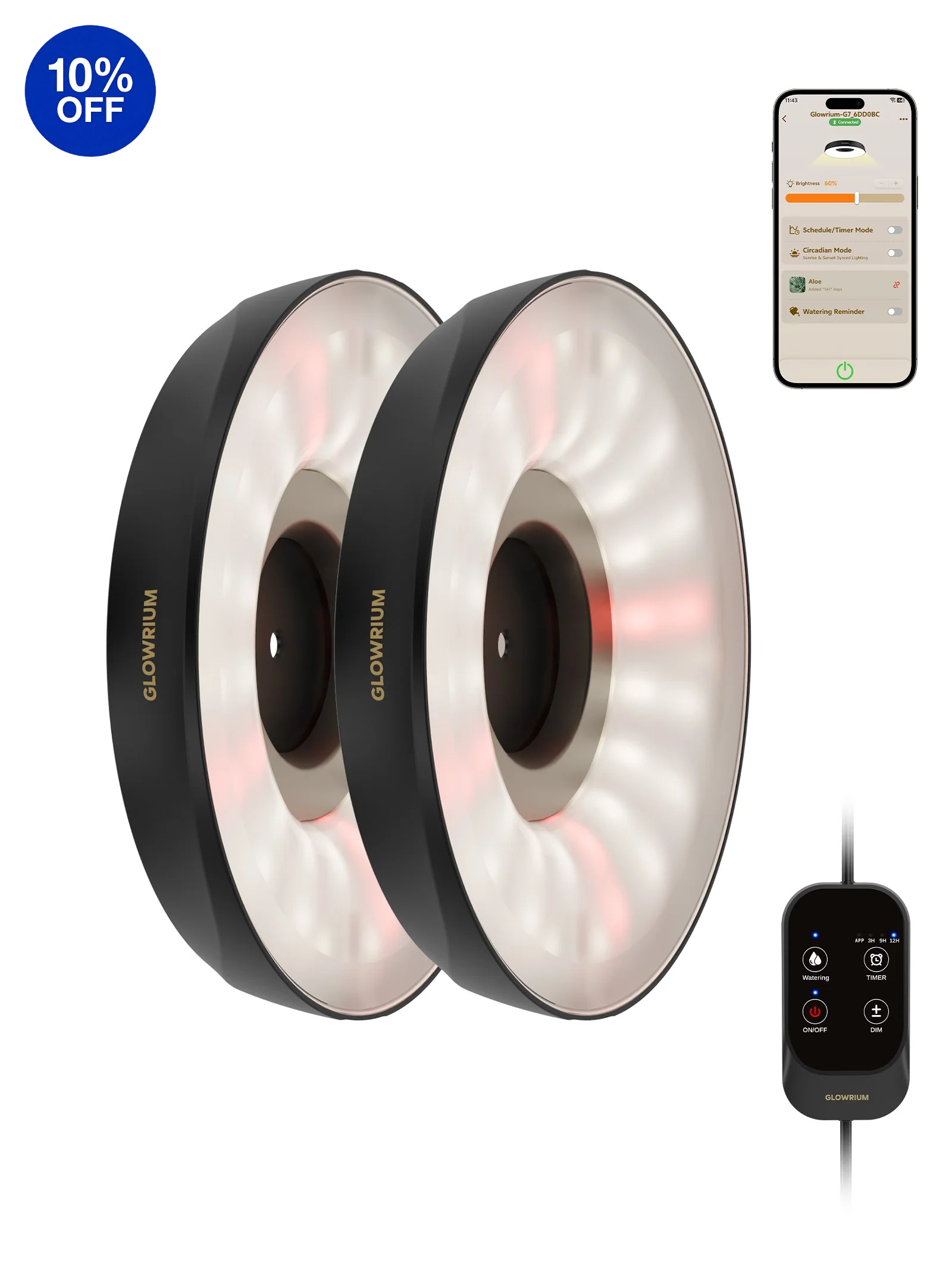 Glowrium G7 16W black 2-pack smart full spectrum LED puck grow light for indoor plant shelf