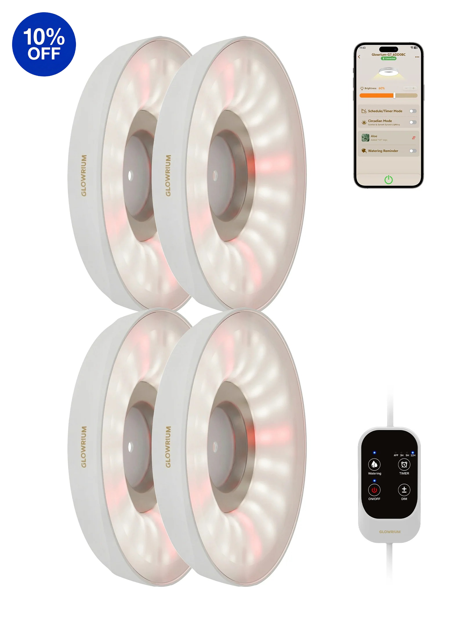 Glowrium G7 32W white 4-pack smart full spectrum LED puck grow light for indoor plant shelf