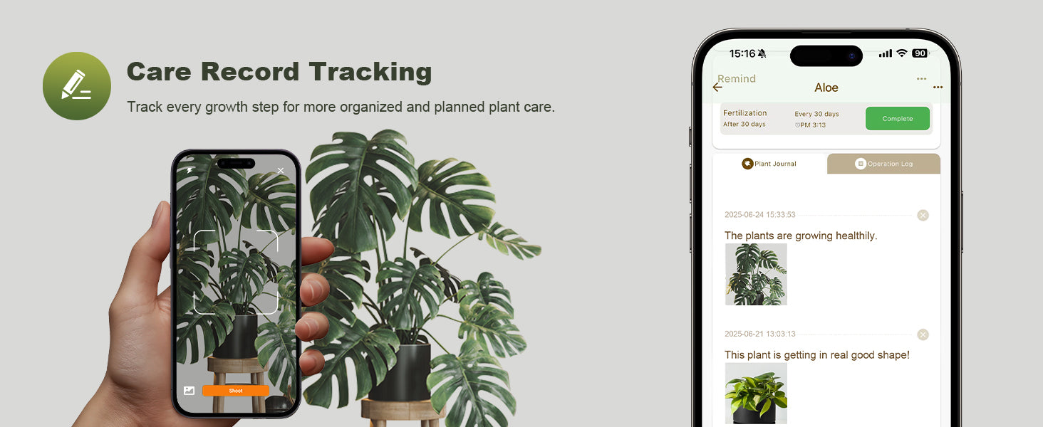Glowrium G8 smart plant assistant app layout showcasing care record tracking, photo logs, and growth steps journaling for organized indoor plant maintenance