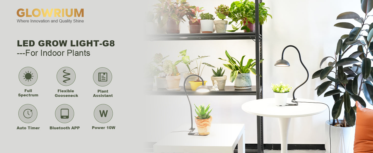 Glowrium G8 10W smart full spectrum LED desktop grow light banner highlighting key features including 360 flexible gooseneck, auto timer, Bluetooth App, and integrated plant assistant