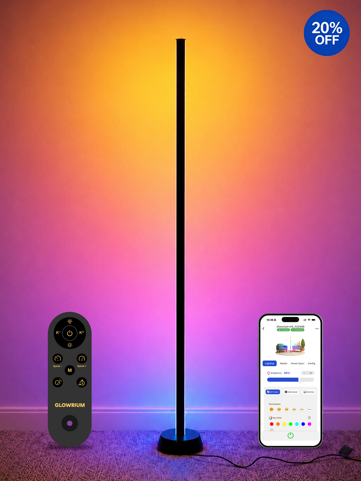 GLOWRIUM® H4 Smarte LED Eck-Stehlampe – RGB+IC Farbeffekte, Alexa- & App-Steuerung, Dimmbare Stimmungsbeleuchtung für Gaming-Zimmer & Wohnbereiche