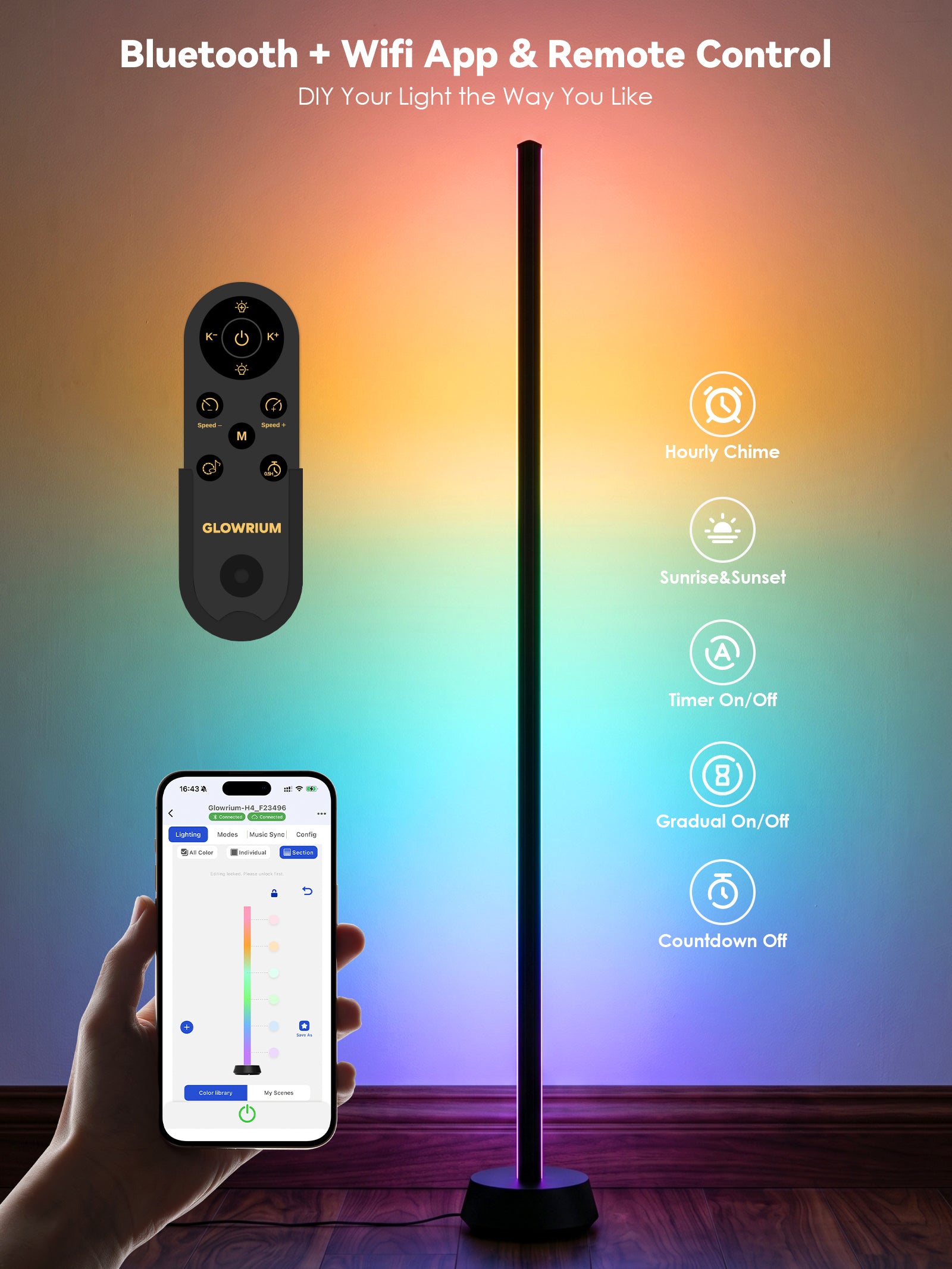GLOWRIUM® H4 Smart LED Corner Floor Lamp – RGB+IC Color Effects, Alexa & App Control, Dimmable Ambient Lighting for Gaming Rooms & Living Spaces