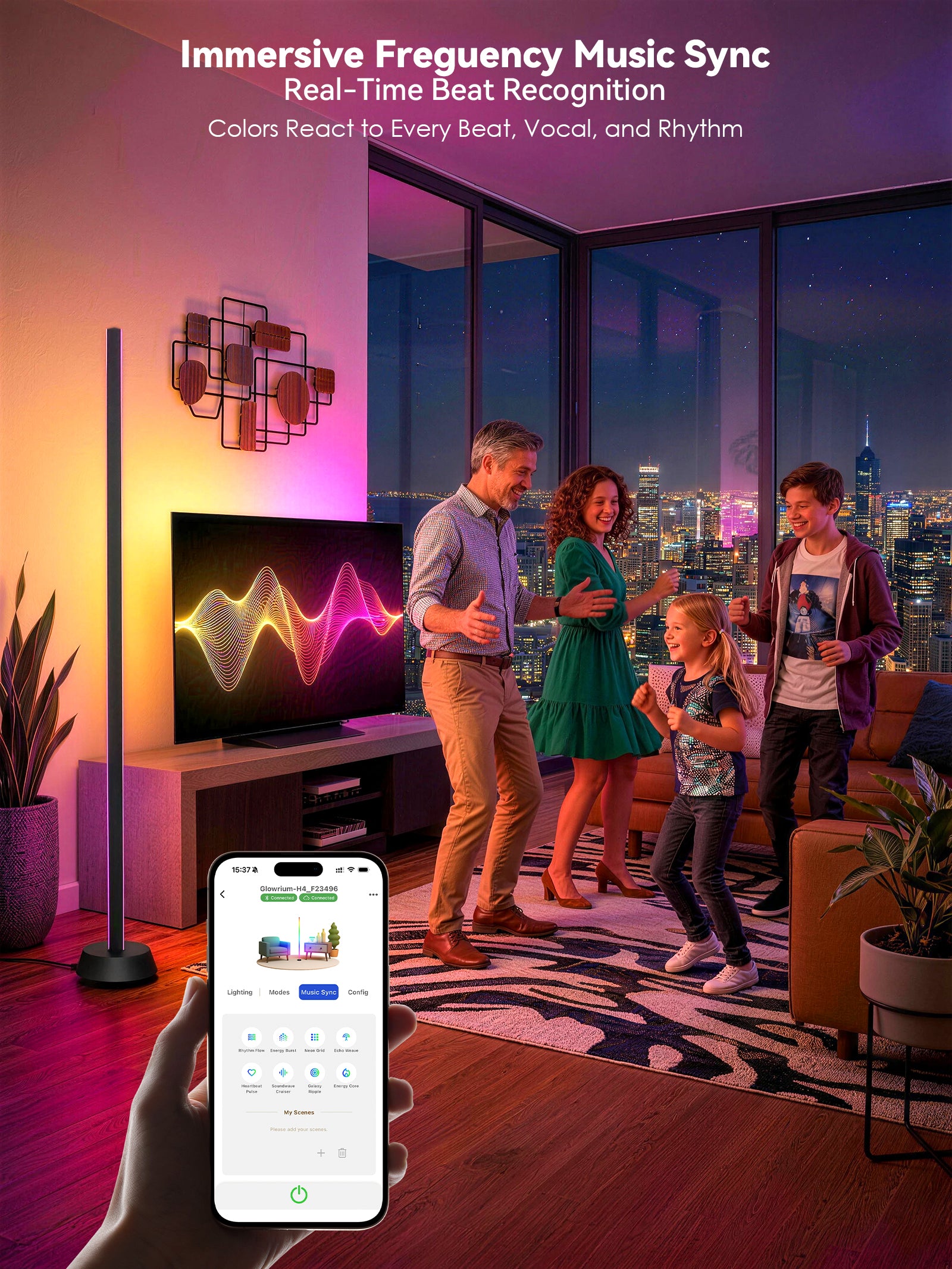 GLOWRIUM® H4 Smart LED Corner Floor Lamp – RGB+IC Color Effects, Alexa & App Control, Dimmable Ambient Lighting for Gaming Rooms & Living Spaces