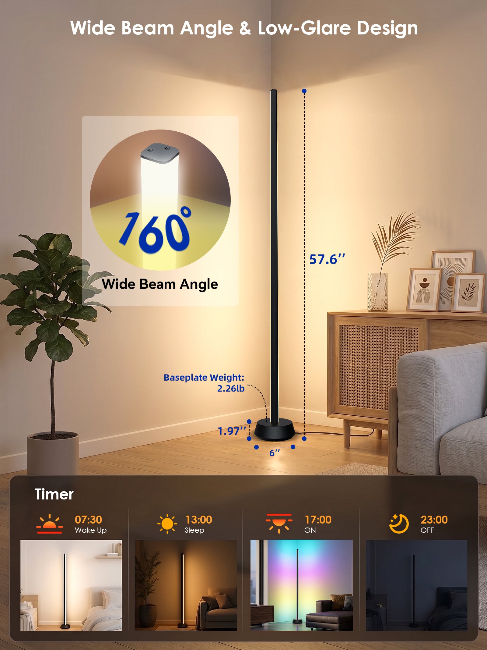 GLOWRIUM® H4 Smart LED Corner Floor Lamp – RGB+IC Color Effects, Alexa & App Control, Dimmable Ambient Lighting for Gaming Rooms & Living Spaces