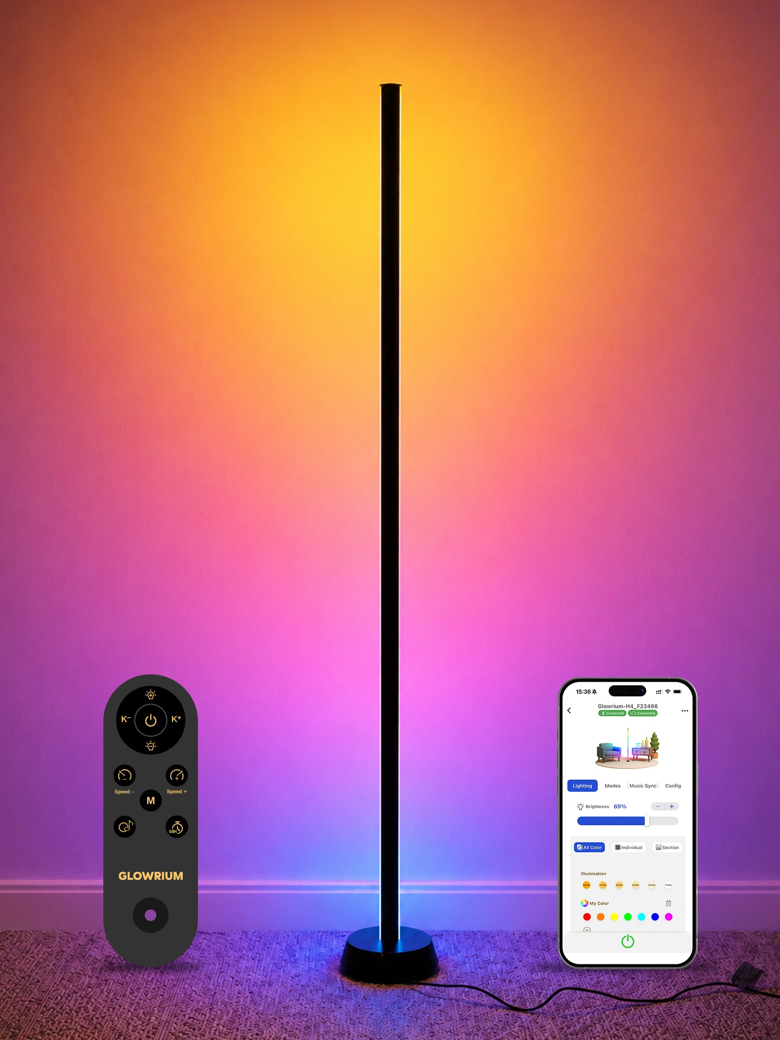 GLOWRIUM® H4 Smart LED Corner Floor Lamp – RGB+IC Color Effects, Alexa & App Control, Dimmable Ambient Lighting for Gaming Rooms & Living Spaces