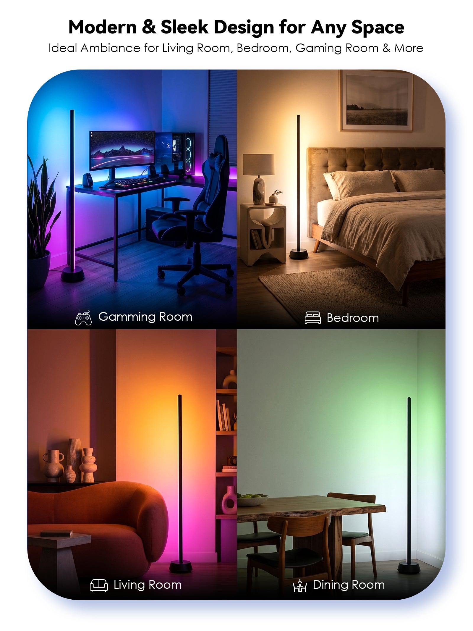 GLOWRIUM® H4 Smart LED Corner Floor Lamp – RGB+IC Color Effects, Alexa & App Control, Dimmable Ambient Lighting for Gaming Rooms & Living Spaces