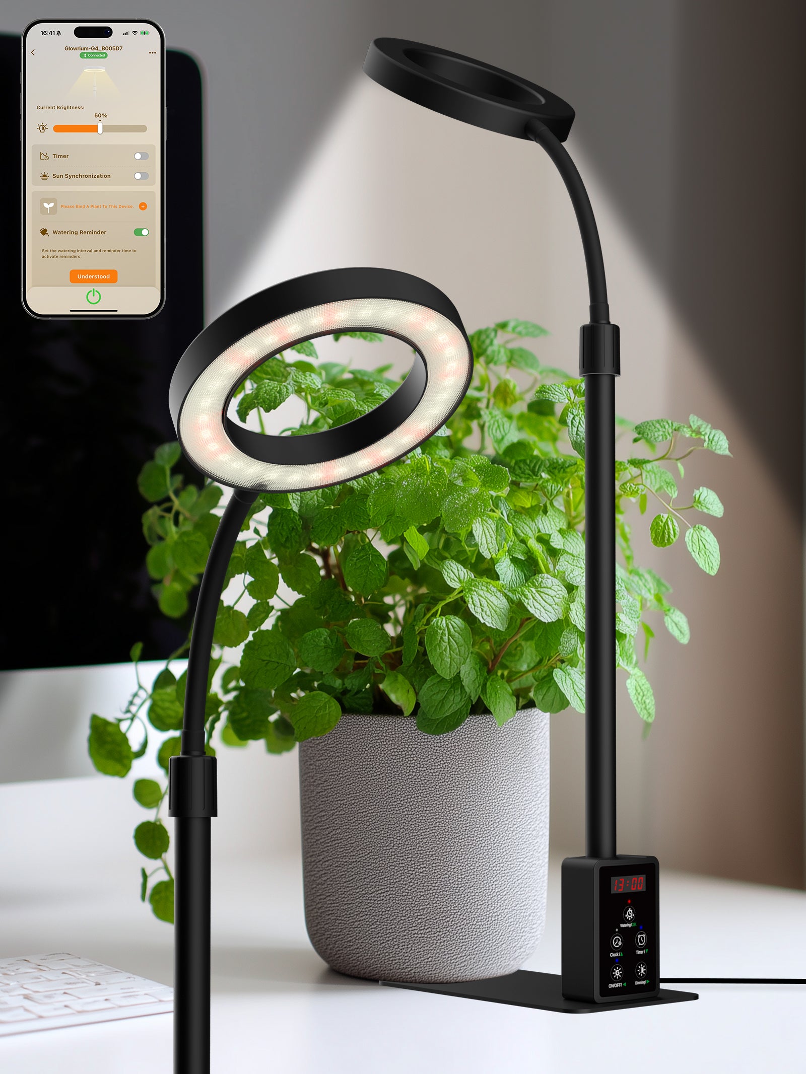 Glowrium 8W Smart Grow Light – Full-Spectrum LED for Indoor Plants with App Control, Custom Timer, Adjustable Height & Smart Plant Assistant