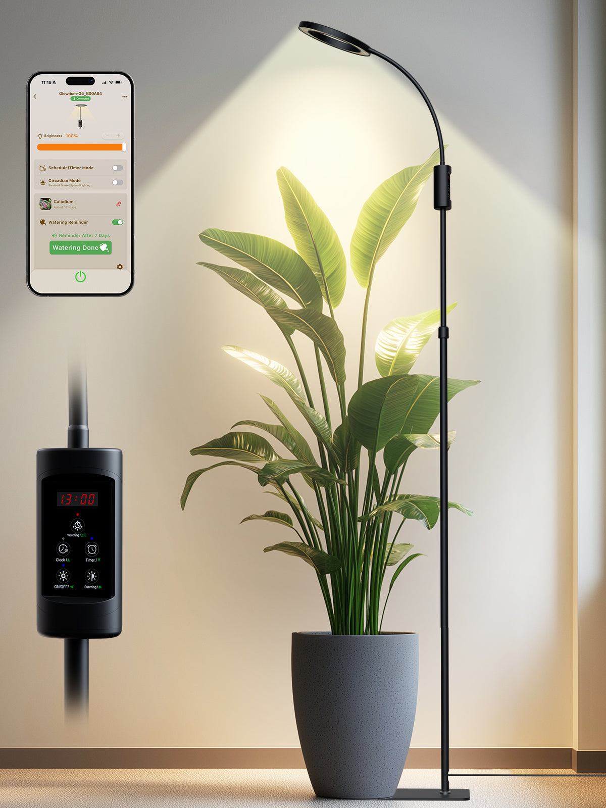 GLOWRIUM® G5 48W Smart Grow Light for Large Indoor Plants - Dual Head Full Spectrum, Adjustable Height, Stepless Dimming, Auto-Timer