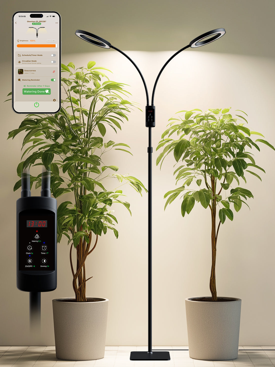 Smart Floor LED Grow Light 48W – Dual-Head Full Spectrum, Adjustable Height, Stepless Dimming, Auto-Timer for Most Indoor Plants-G5