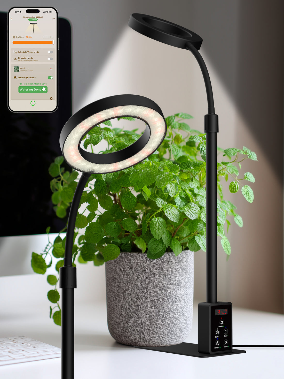GLOWRIUM G4 8W black smart LED desktop grow light with manual controller and app control