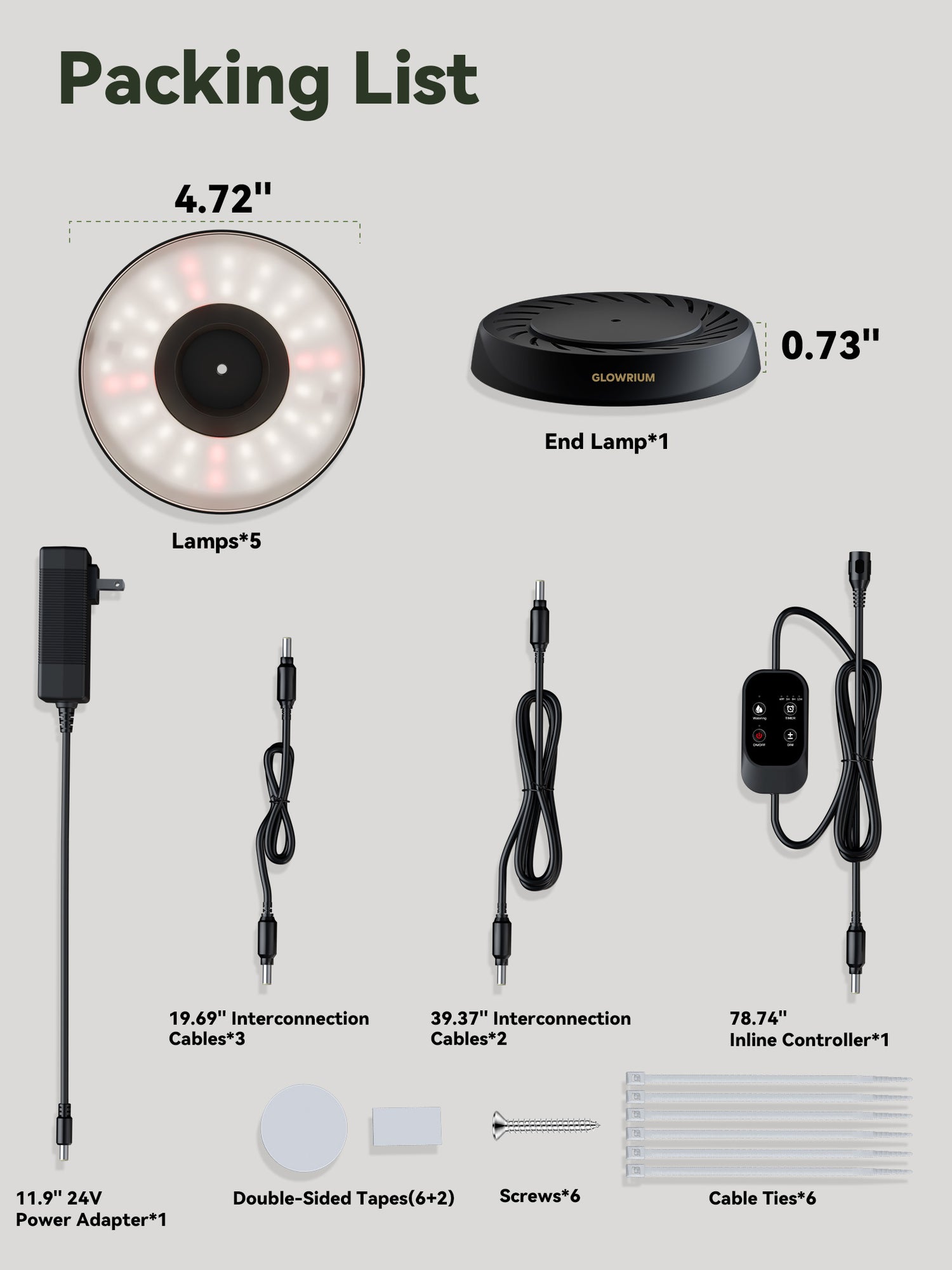 Glowrium G7 48W smart full spectrum LED puck grow light packing list with 4.72-inch puck lamps, interconnection cables, inline controller, and installation accessories