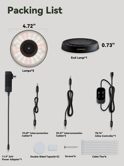Glowrium G7 48W smart full spectrum LED puck grow light packing list with 4.72-inch puck lamps, interconnection cables, inline controller, and installation accessories