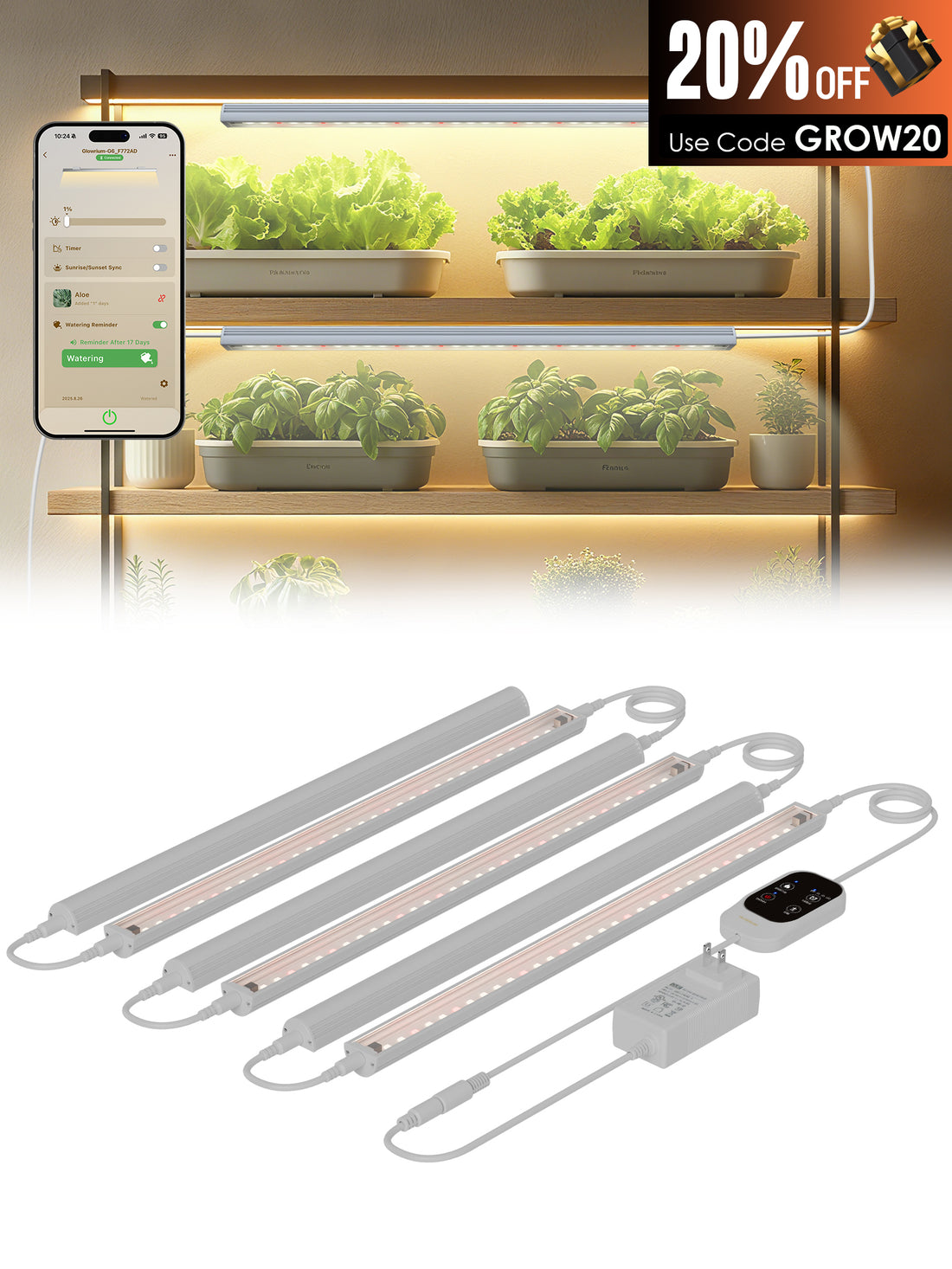 Smart LED Grow Light for Indoor Plants-G6 Full Spectrum 3500K, Auto Timer, Stepless Dimming, Modular, Plug &amp; Play