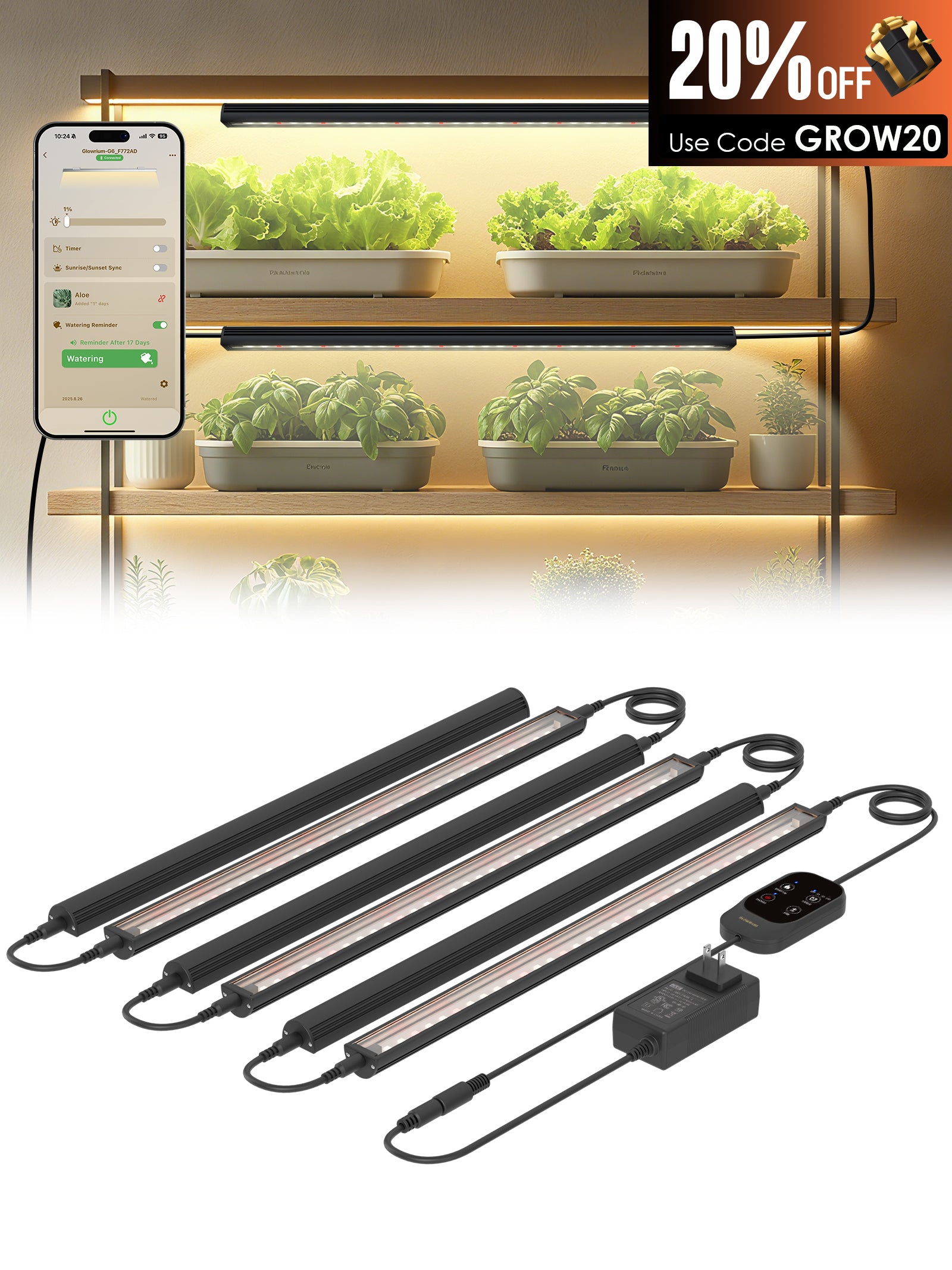 Smart LED Grow Light for Indoor Plants-G6 Full Spectrum 3500K, Auto Timer, Stepless Dimming, Modular, Plug &amp; Play