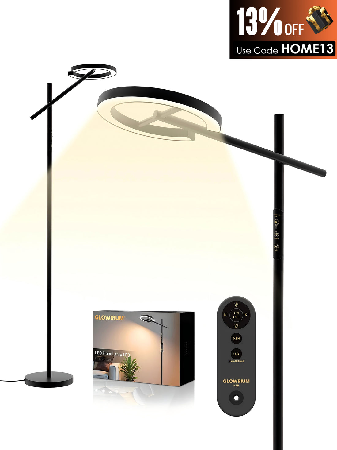 GLOWRIUM-H1B Stepless Dimmable Rotatable Reading Floor Lamp with Remote, 2700-6500K, for Living Room Bedroom Office
