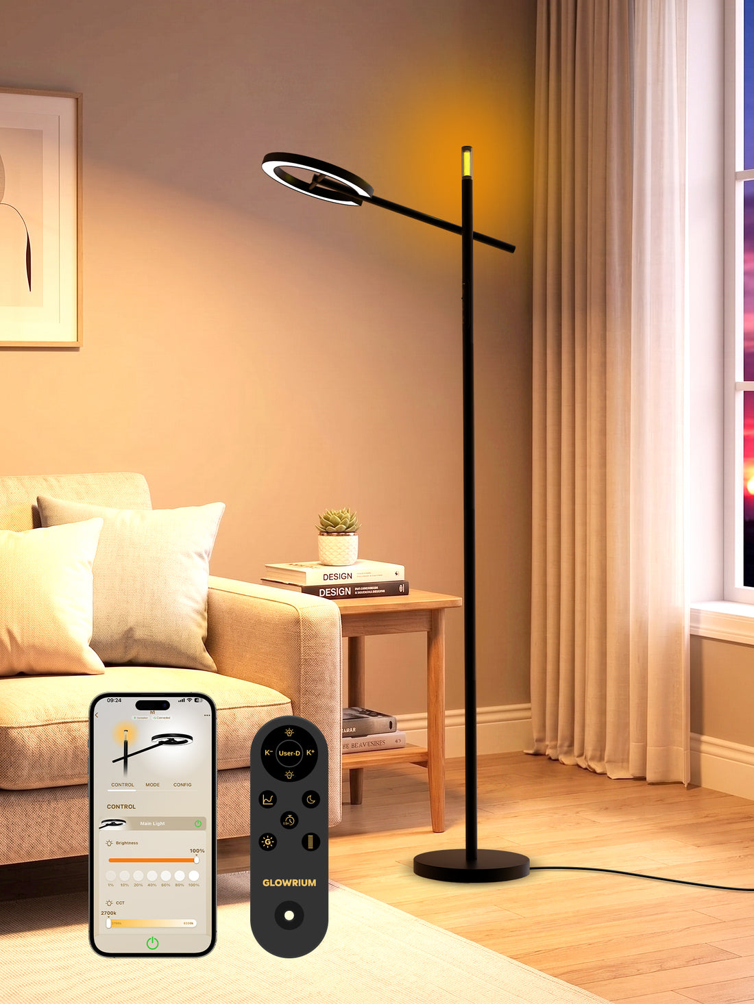 GLOWRIUM® H1 Smart Home Stehleuchte mit APP-Steuerung &amp; stufenlos dimmbar