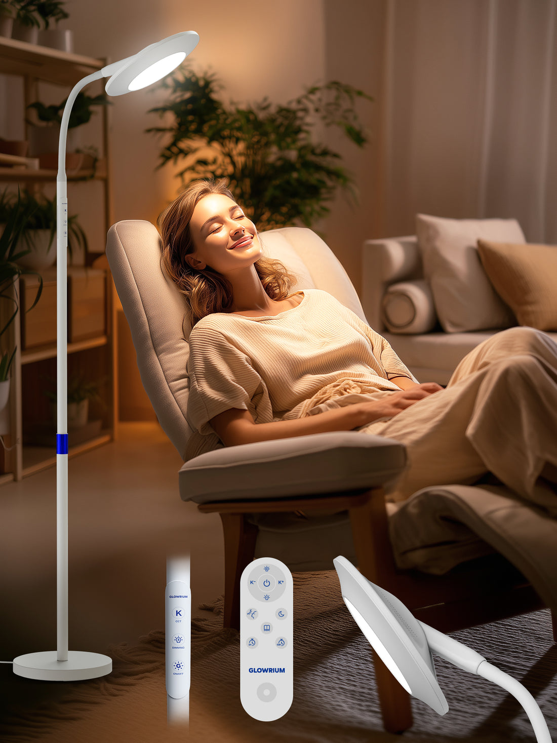 GLOWRIUM Light Therapy Floor Lamp H6 – 48,000 Lux UV-Free Full Spectrum Sunlight Lamp with Remote & Touch Control