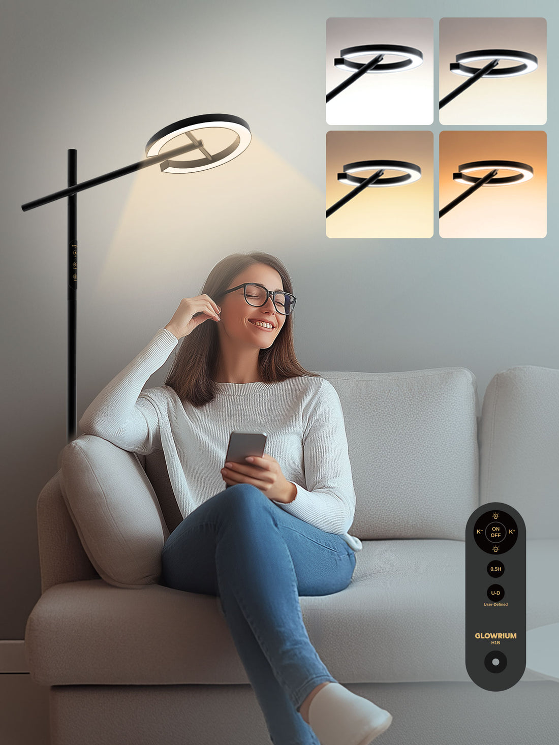 GLOWRIUM Happy Therapy Floor Lamp UV-Free, Stepless Dimming 12,000 Lux Brightness, Remote Control, Timer