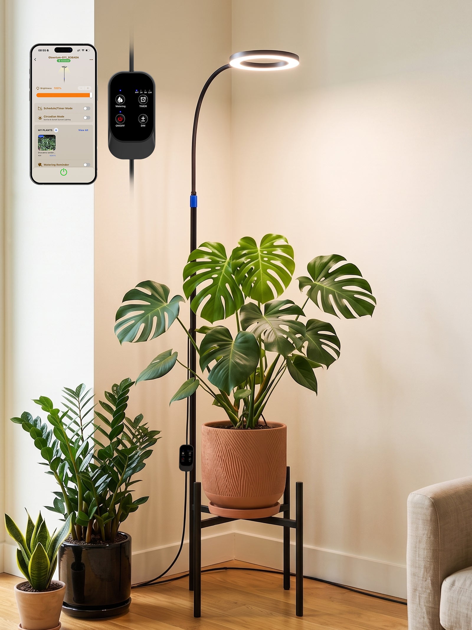 GLOWRIUM® G11 Plant Stand with Grow Light, 24W Full Spectrum Indoor Plant Light, Adjustable Height Metal Plant Shelf, Dimmable Floor Growing Lamp with App &amp; Timer Control for Home Decor